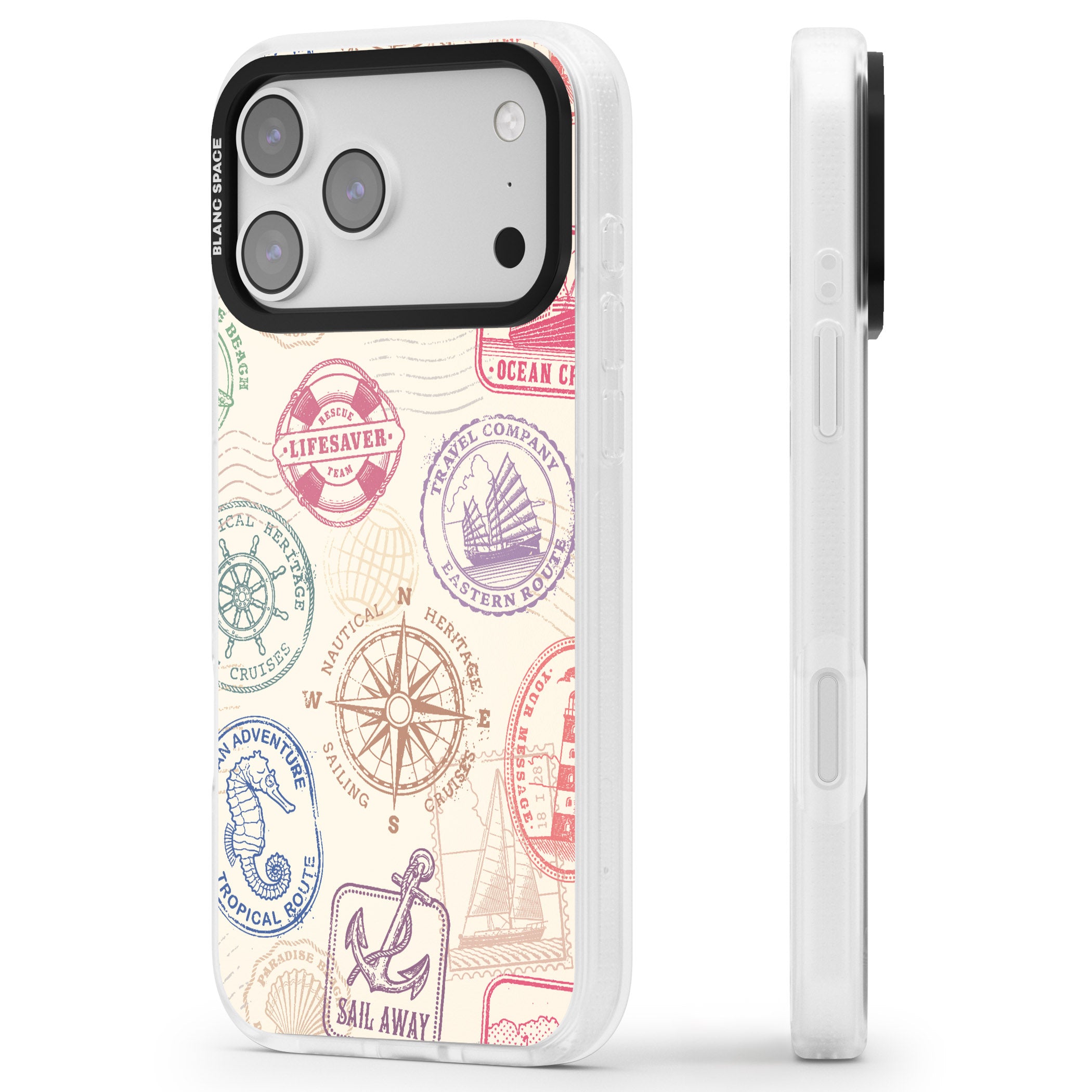 Nautical Stamps iPhone 17 Pro Impact Air Clear Phone Case Side Profile