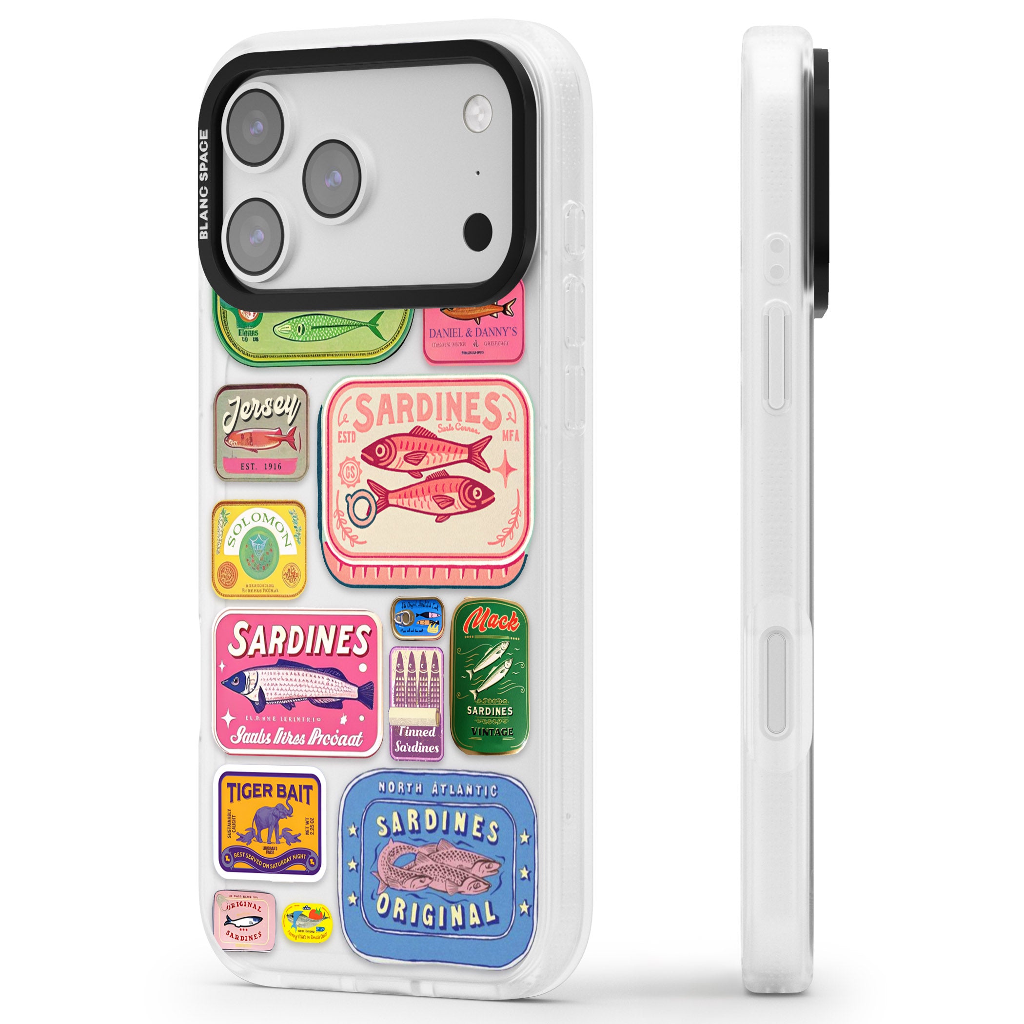 Vintage Sardine Tins iPhone 17 Pro Max Impact Air Clear Phone Case Side Profile