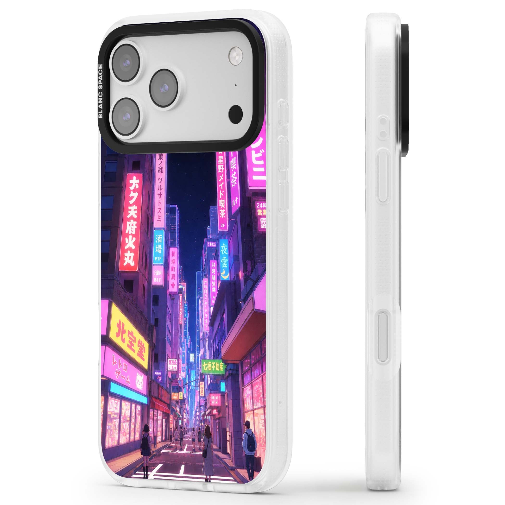 Shibuya At Night Japanese neon city iPhone case featuring glowing kanji signs, pink storefronts and a Tokyo street at n | Clear Case Impact Air case for iPhone 17 Pro, iPhone 17 Pro Max
