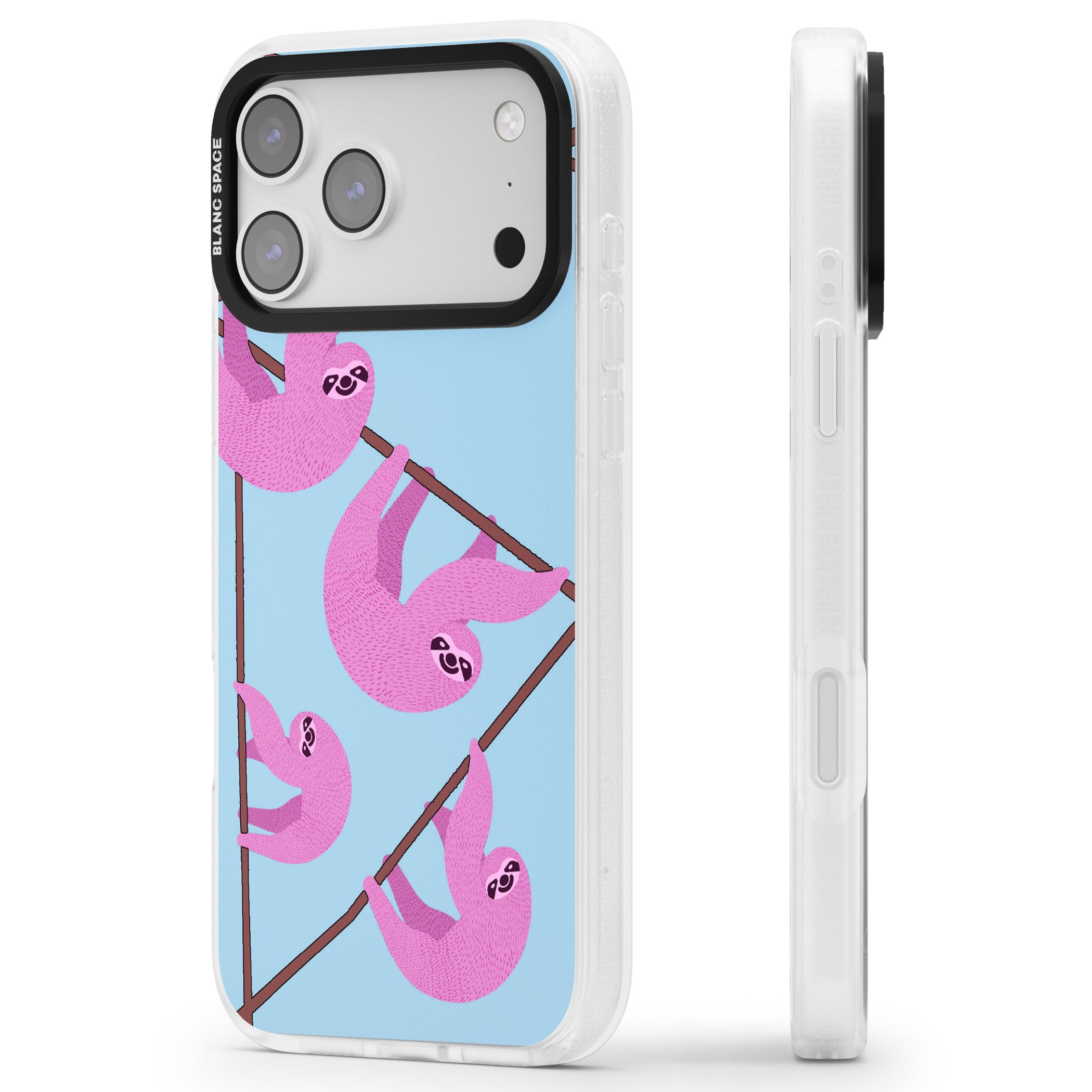 Pink Sloth iPhone 17 Pro Impact Air Clear Phone Case Side Profile