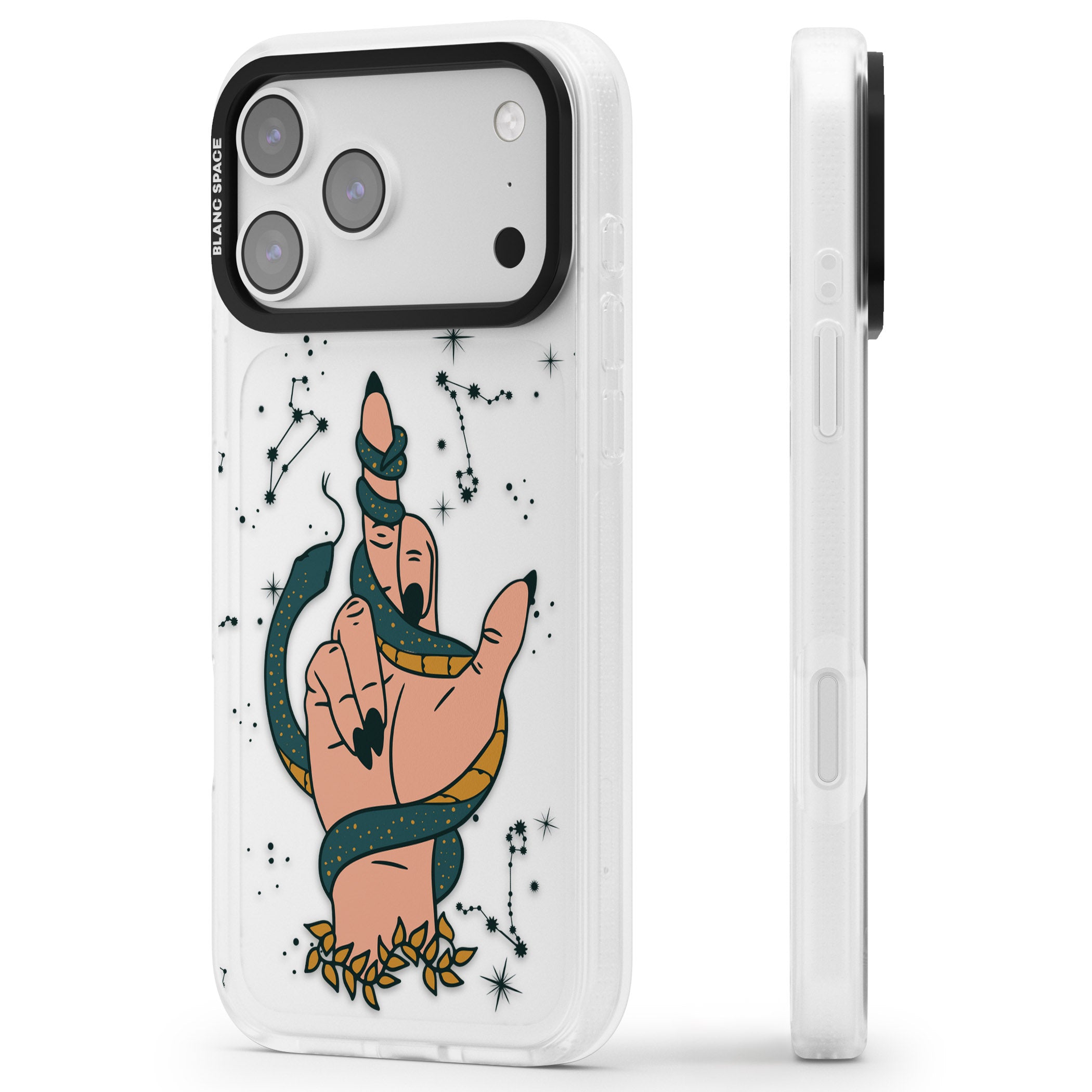 Snakes, Stars And Cynicism iPhone 17 Pro Max Impact Air Clear Phone Case Side Profile