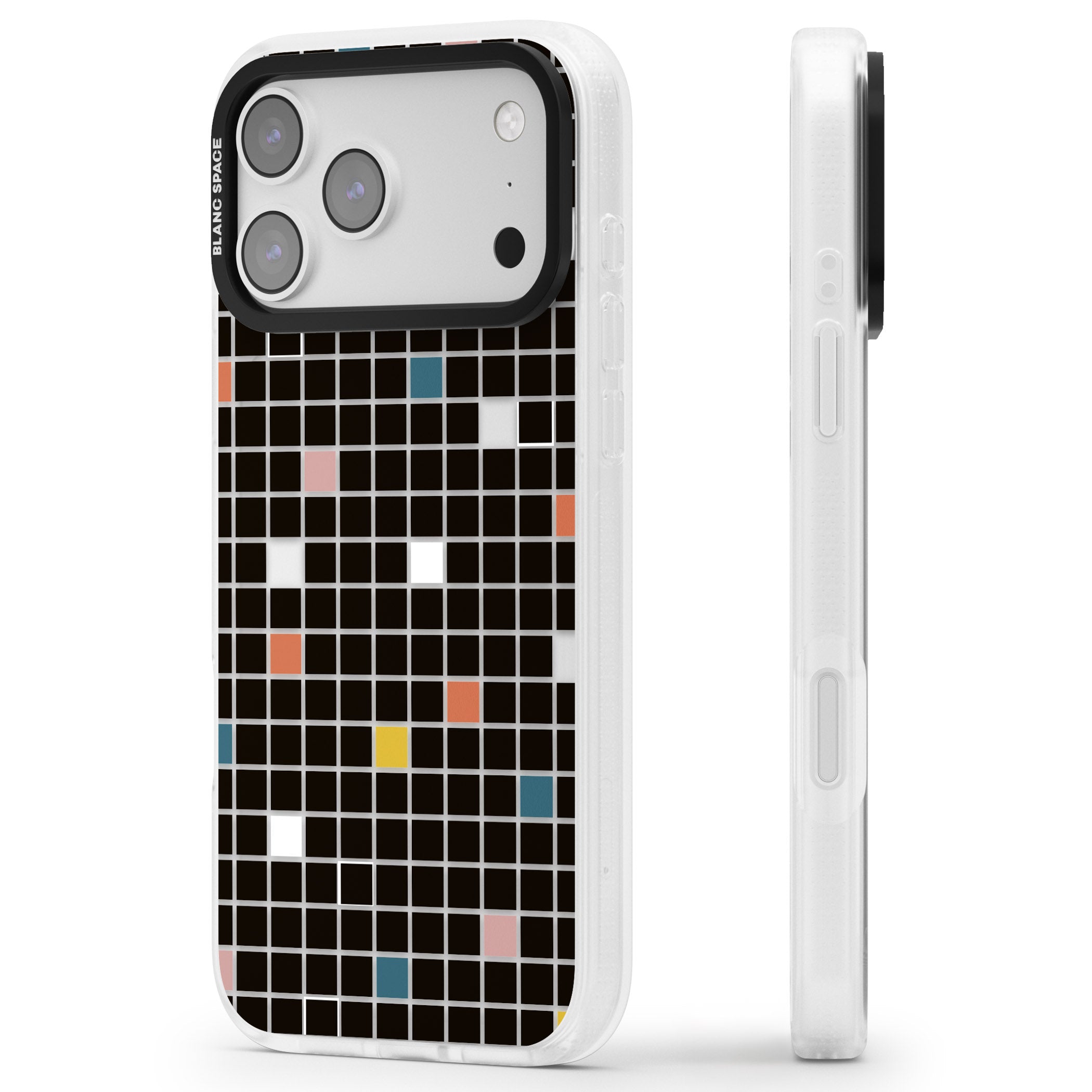 Earthtone Black Geometric Grid iPhone 17 Pro Max Impact Air Clear Phone Case Side Profile