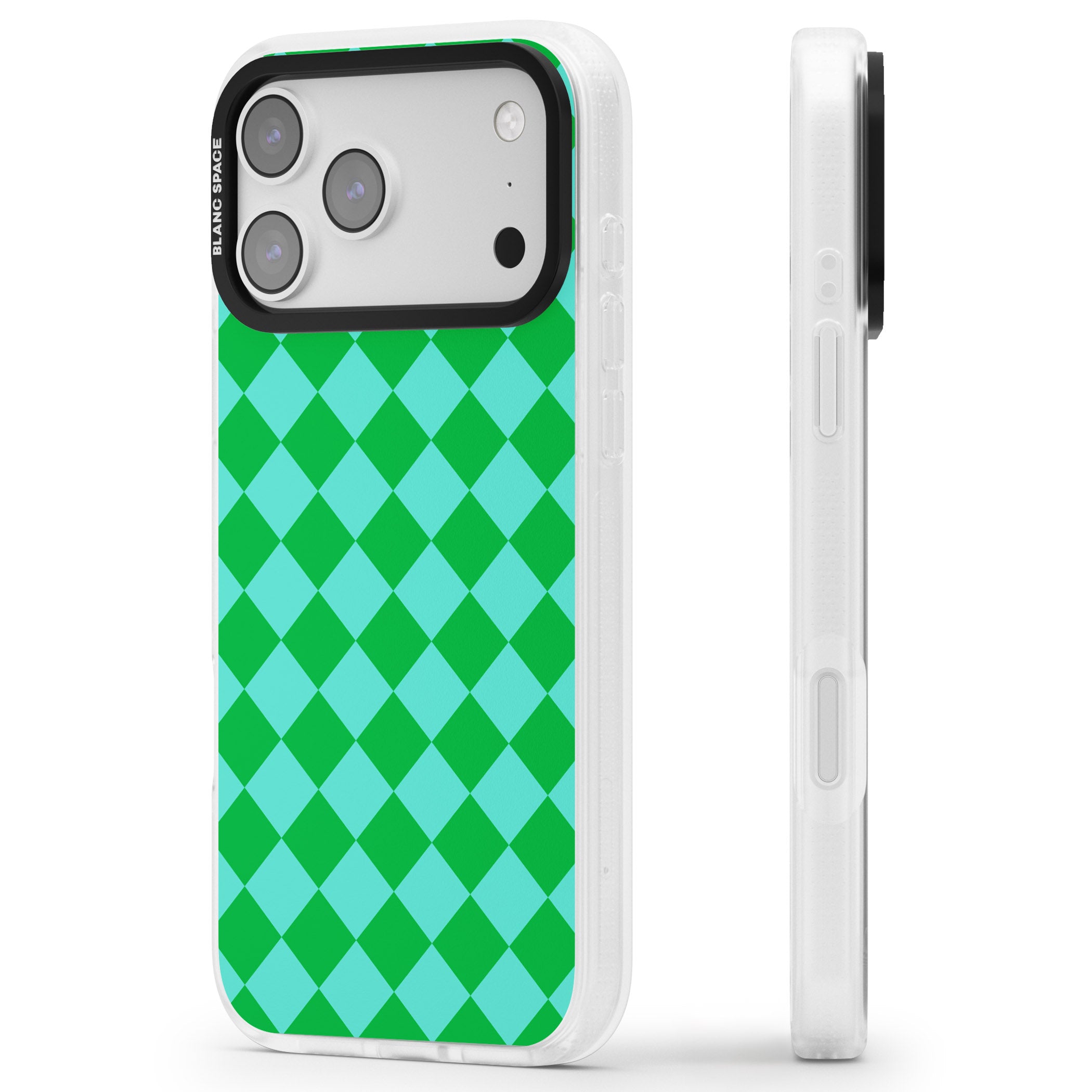 Retro Green Diamond Plaid iPhone 17 Pro Impact Air Clear Phone Case Side Profile