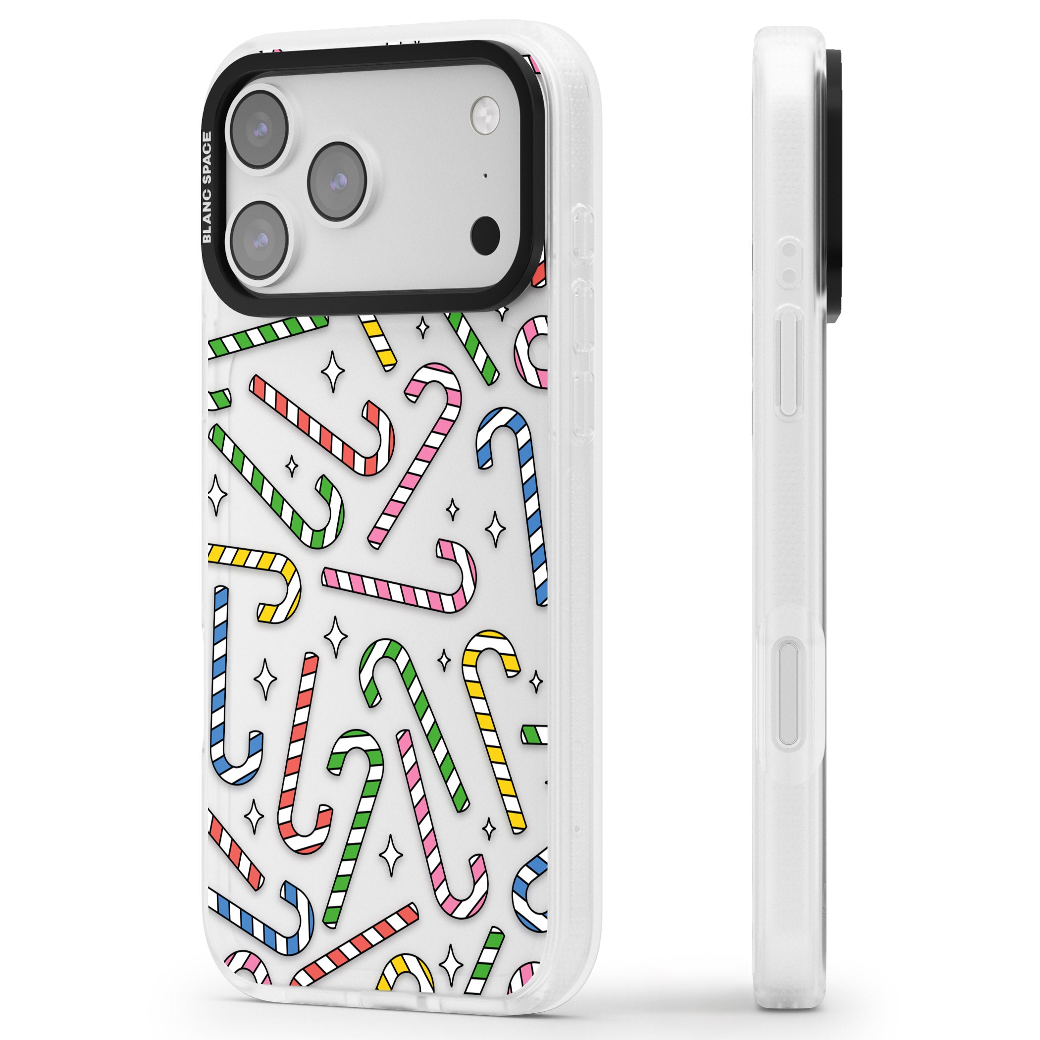 Colourful Stars & Candy Canes iPhone 17 Pro Max Impact Air Clear Phone Case Side Profile