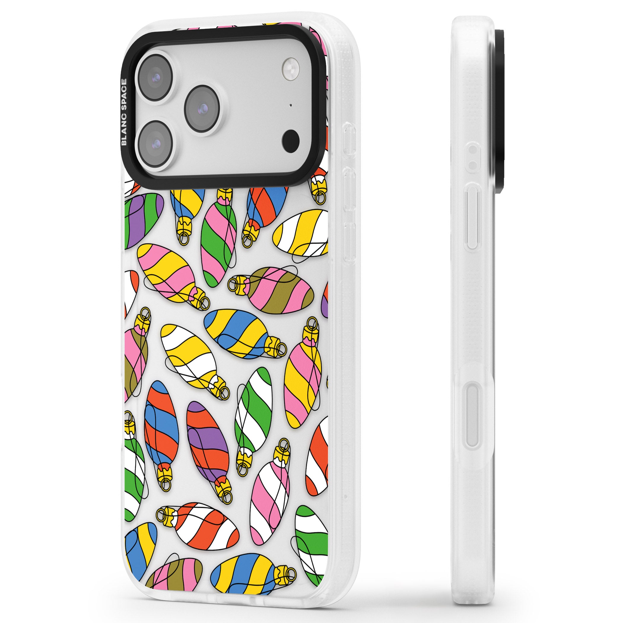 Colourful Holiday Ornaments iPhone 17 Pro Max Impact Air Clear Phone Case Side Profile