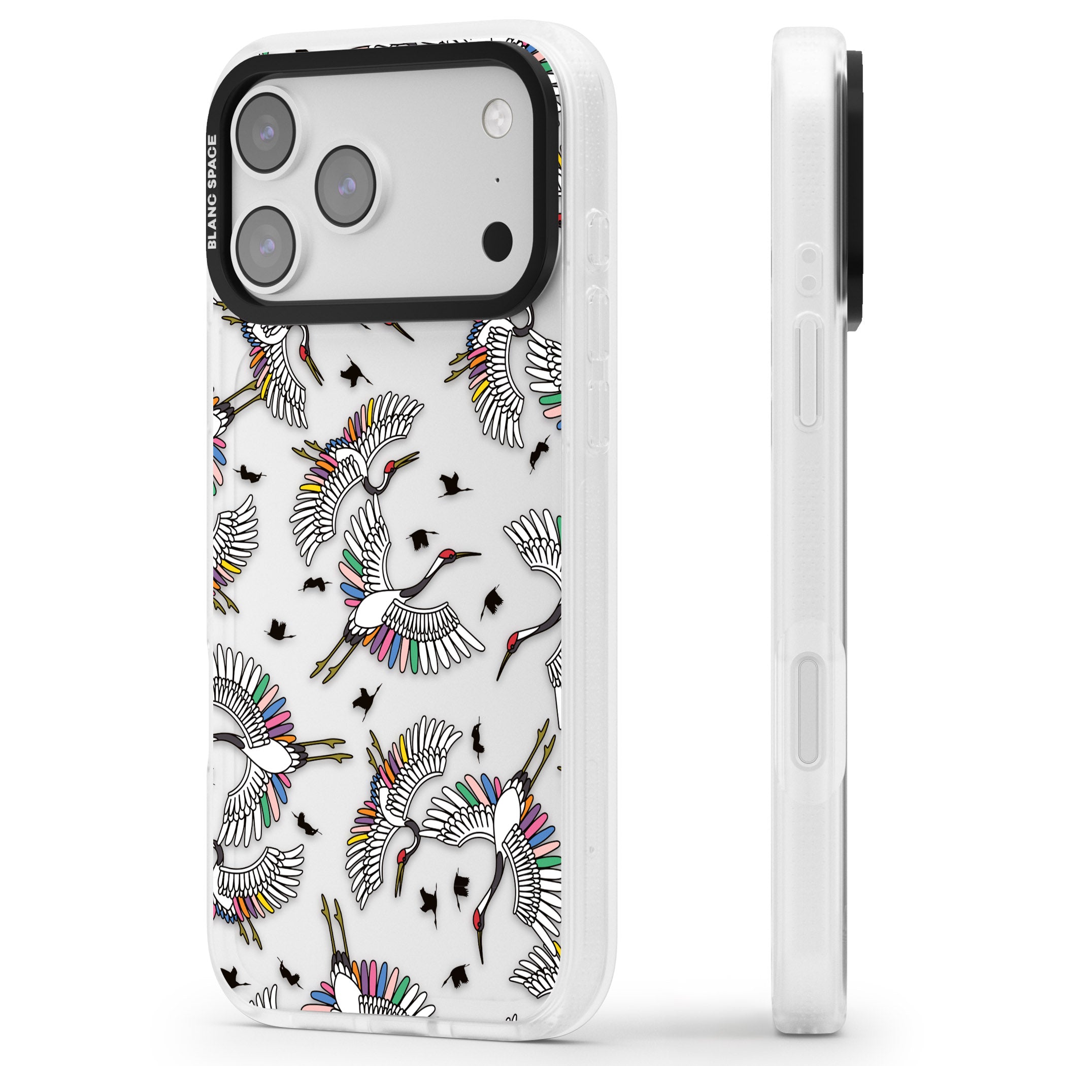 Colourful Crane Pattern iPhone 17 Pro Max Impact Air Clear Phone Case Side Profile