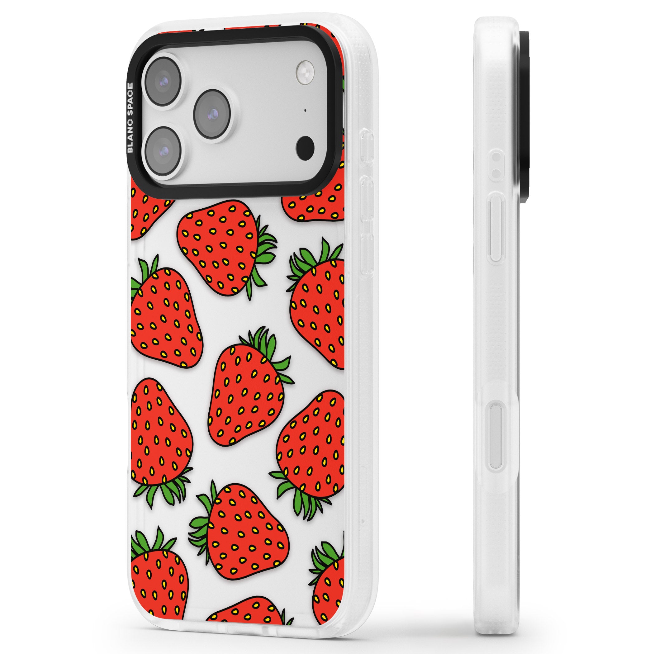 Strawberry Pattern iPhone 17 Pro Impact Air Clear Phone Case Side Profile