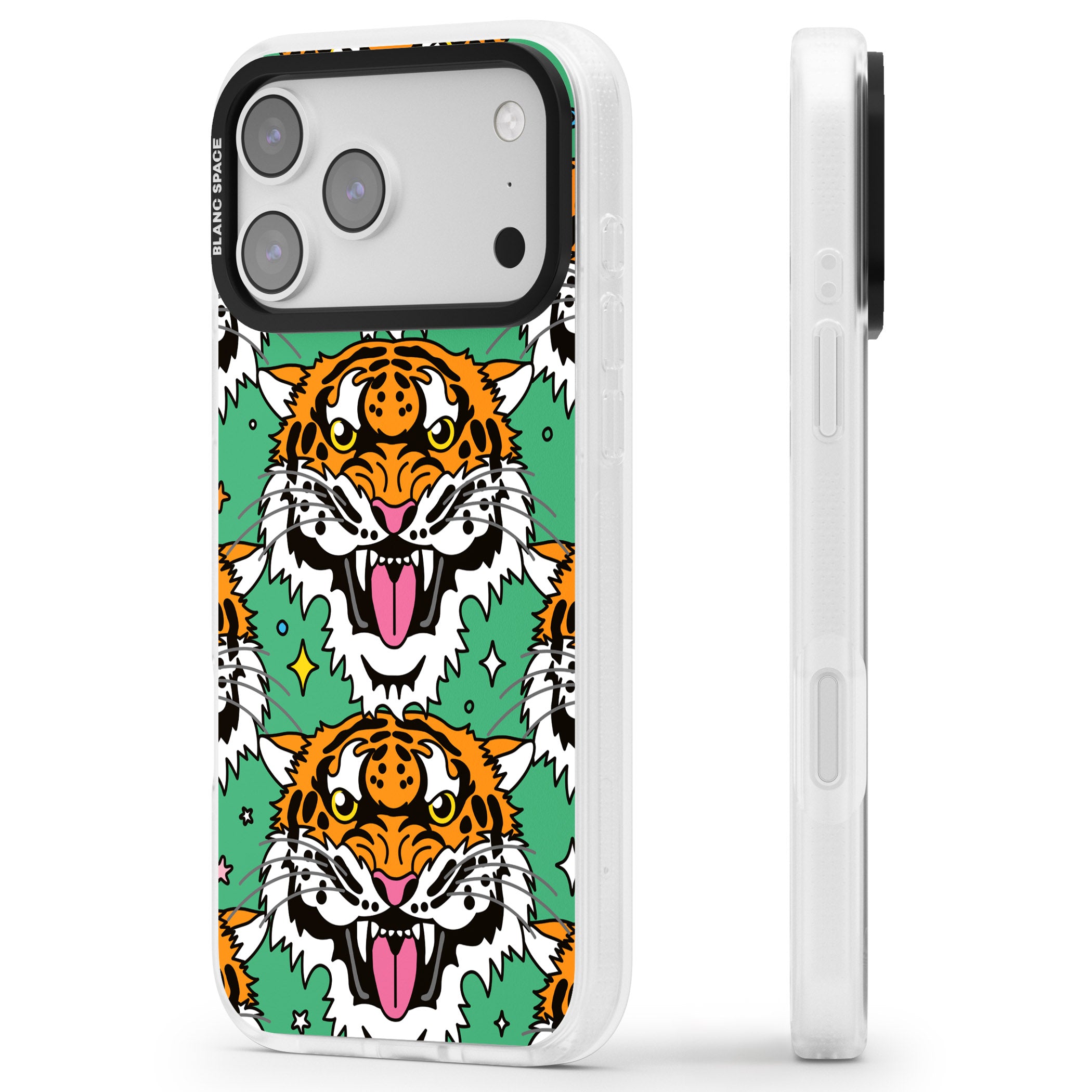 Fierce Jungle Tigers (Green) iPhone 17 Pro Max Impact Air Clear Phone Case Side Profile