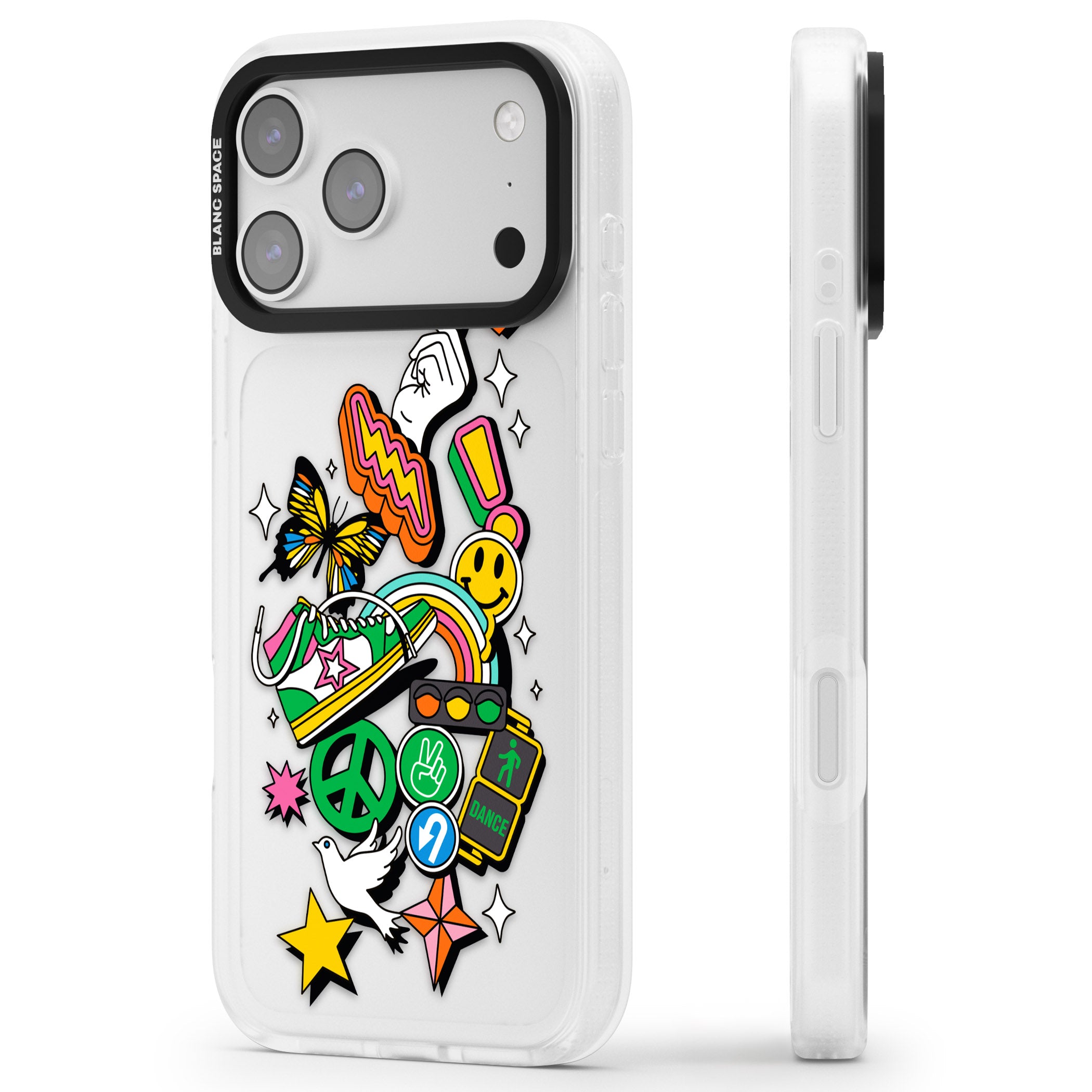 Nostalgic Sticker Collage iPhone 17 Pro Impact Air Clear Phone Case Side Profile