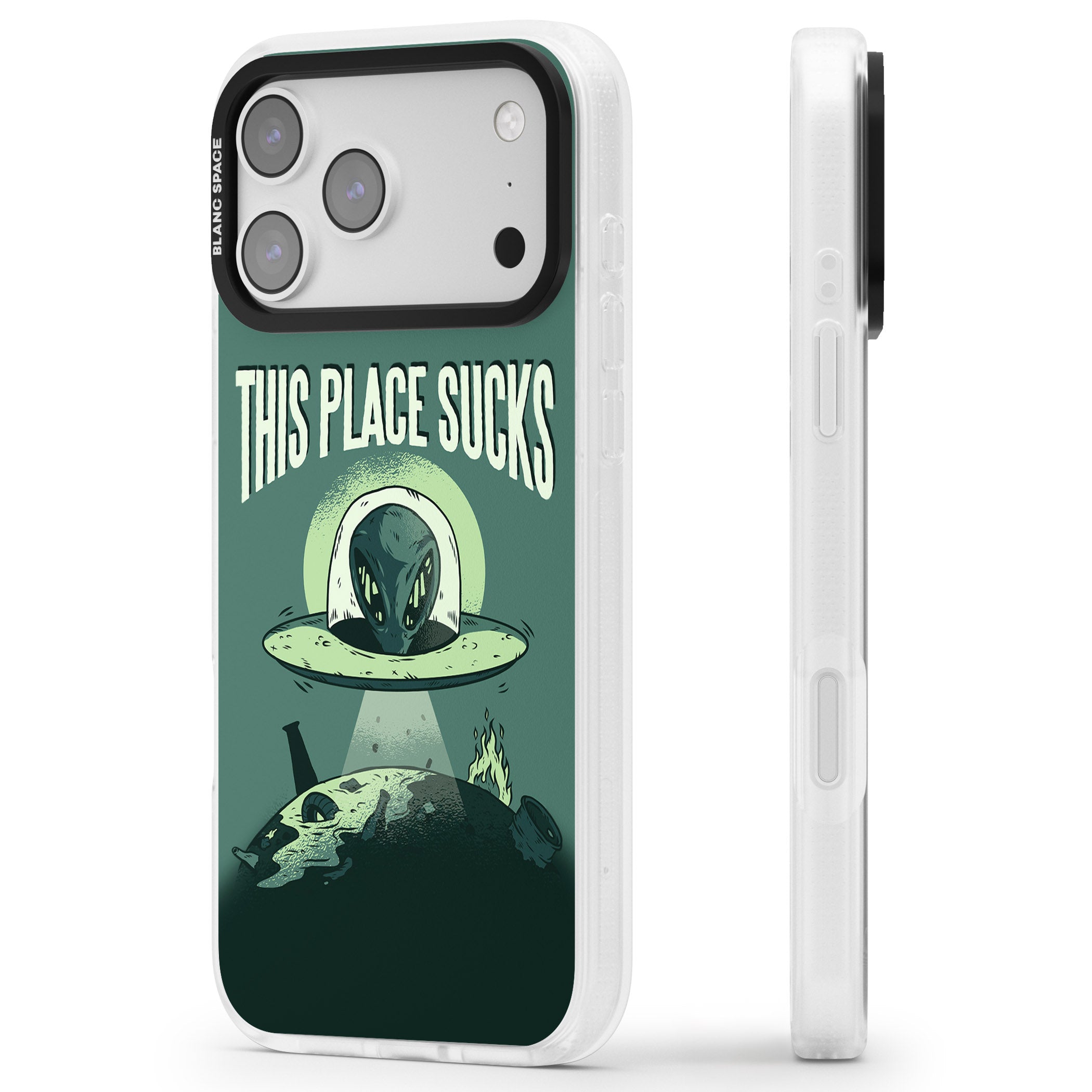 Earth Sucks iPhone 17 Pro Impact Air Clear Phone Case Side Profile