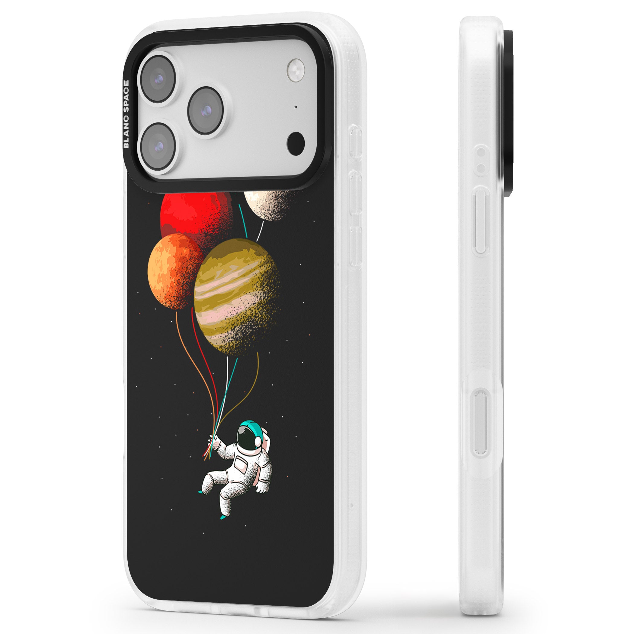 Astronaut Balloon Planets iPhone 17 Pro Impact Air Clear Phone Case Side Profile