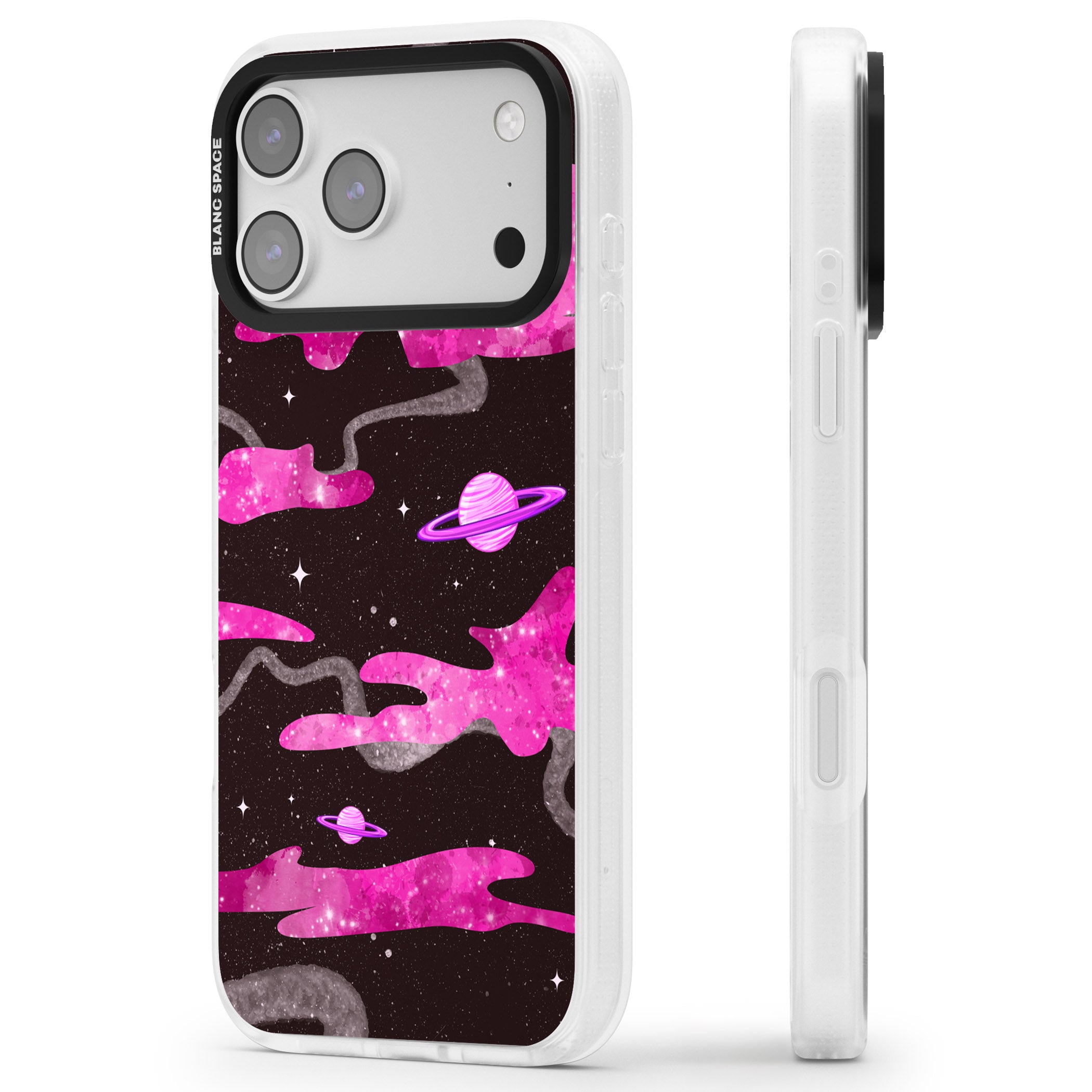 Pink Galaxy iPhone 17 Pro Impact Air Clear Phone Case Side Profile