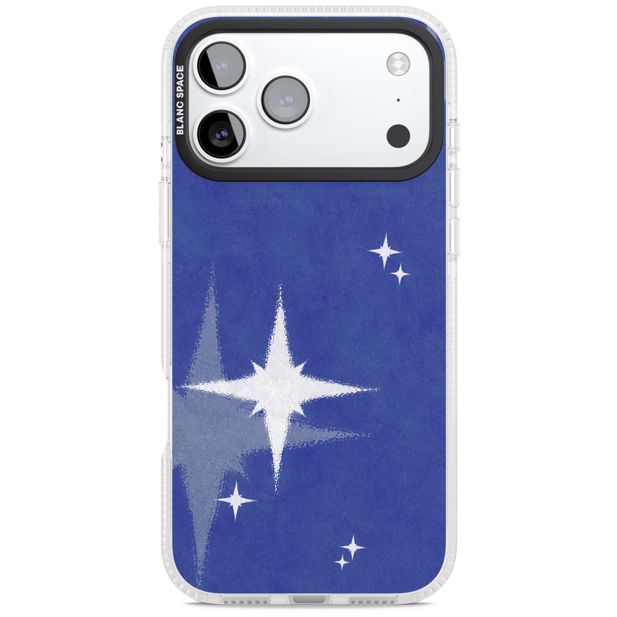 Blue Sparkle celestial iPhone case featuring sparkling silver stars on a deep blue painterly night sky | Clear Case Impact Air case for iPhone 17 Pro, iPhone 17 Pro Max