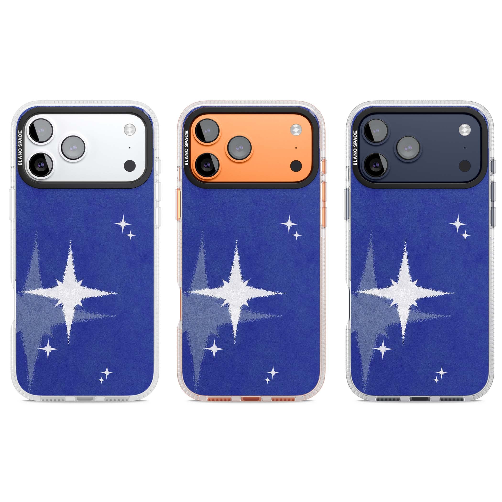 Blue Sparkle celestial iPhone case featuring sparkling silver stars on a deep blue painterly night sky | Clear Case Impact Air case for iPhone 17 Pro, iPhone 17 Pro Max