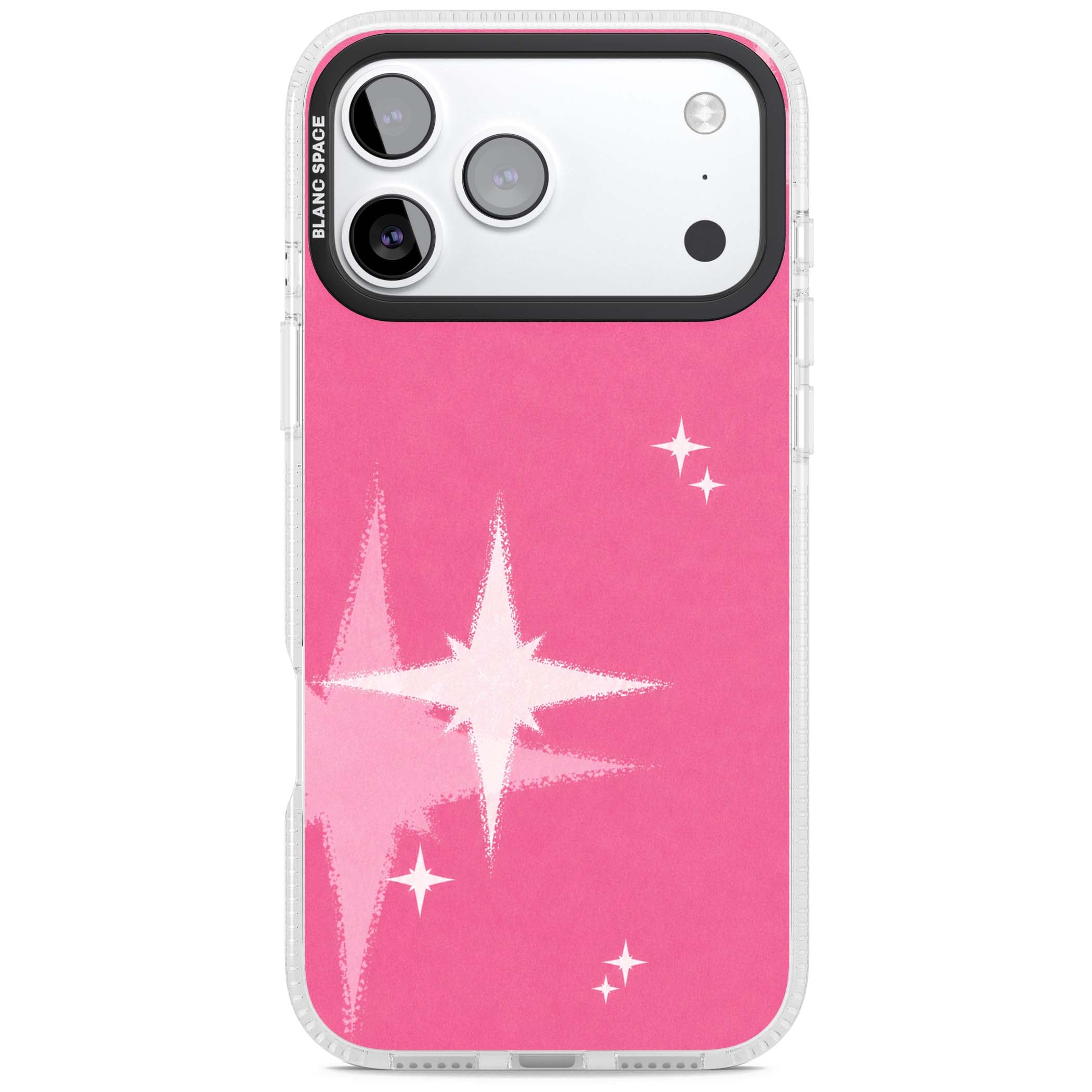 Pink Sparkle Y2K iPhone case featuring hot pink background with shimmering white starburst pattern | Clear Case Impact Air case for iPhone 17 Pro, iPhone 17 Pro Max