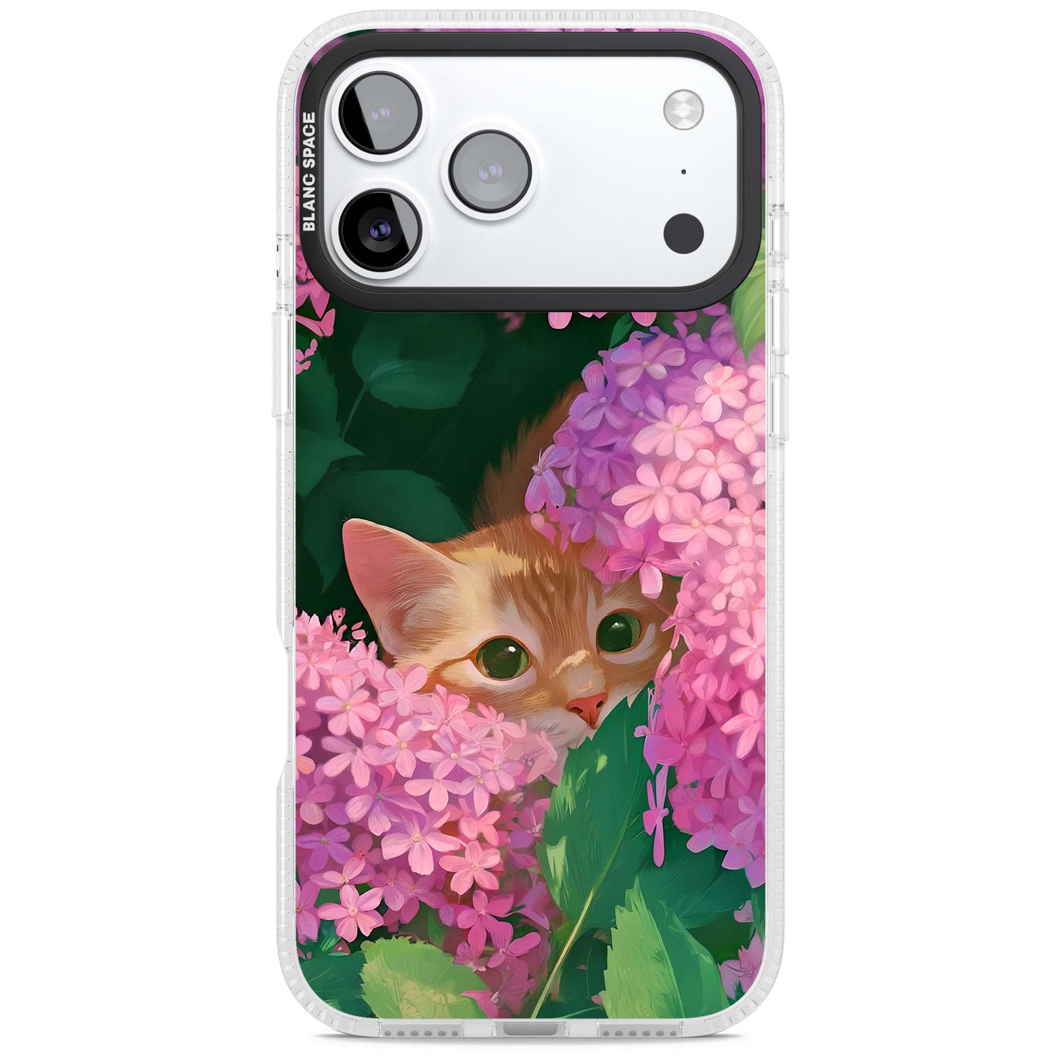Cat In Pink Flowers cottagecore iPhone case featuring a ginger kitten peeking through lilac and pink hydrangea flo | Clear Case Impact Air case for iPhone 17 Pro, iPhone 17 Pro Max