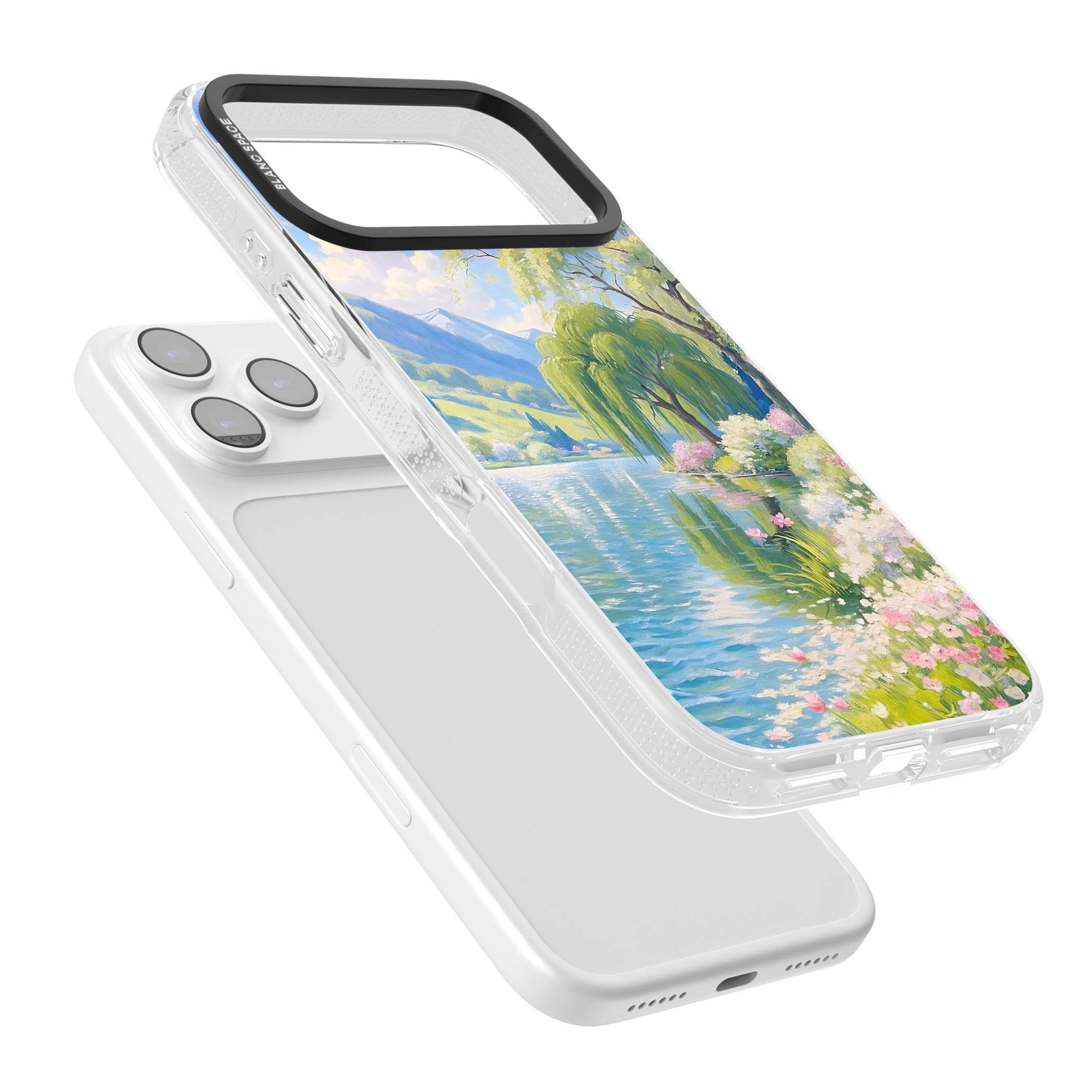 Willow Lake cottagecore iPhone case featuring a painted lakeside with weeping willow, blossoms and distant mountains | Clear Case Impact Air case for iPhone 17 Pro, iPhone 17 Pro Max