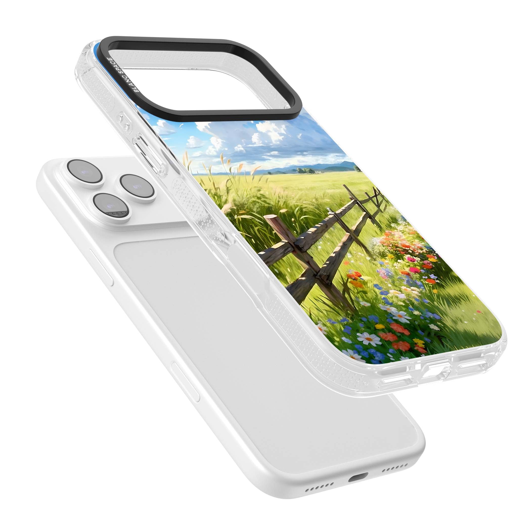 A Countryside Afternoon cottagecore iPhone case featuring a painted countryside meadow, wooden fence, and wildflowers beneath | Clear Case Impact Air case for iPhone 17 Pro, iPhone 17 Pro Max
