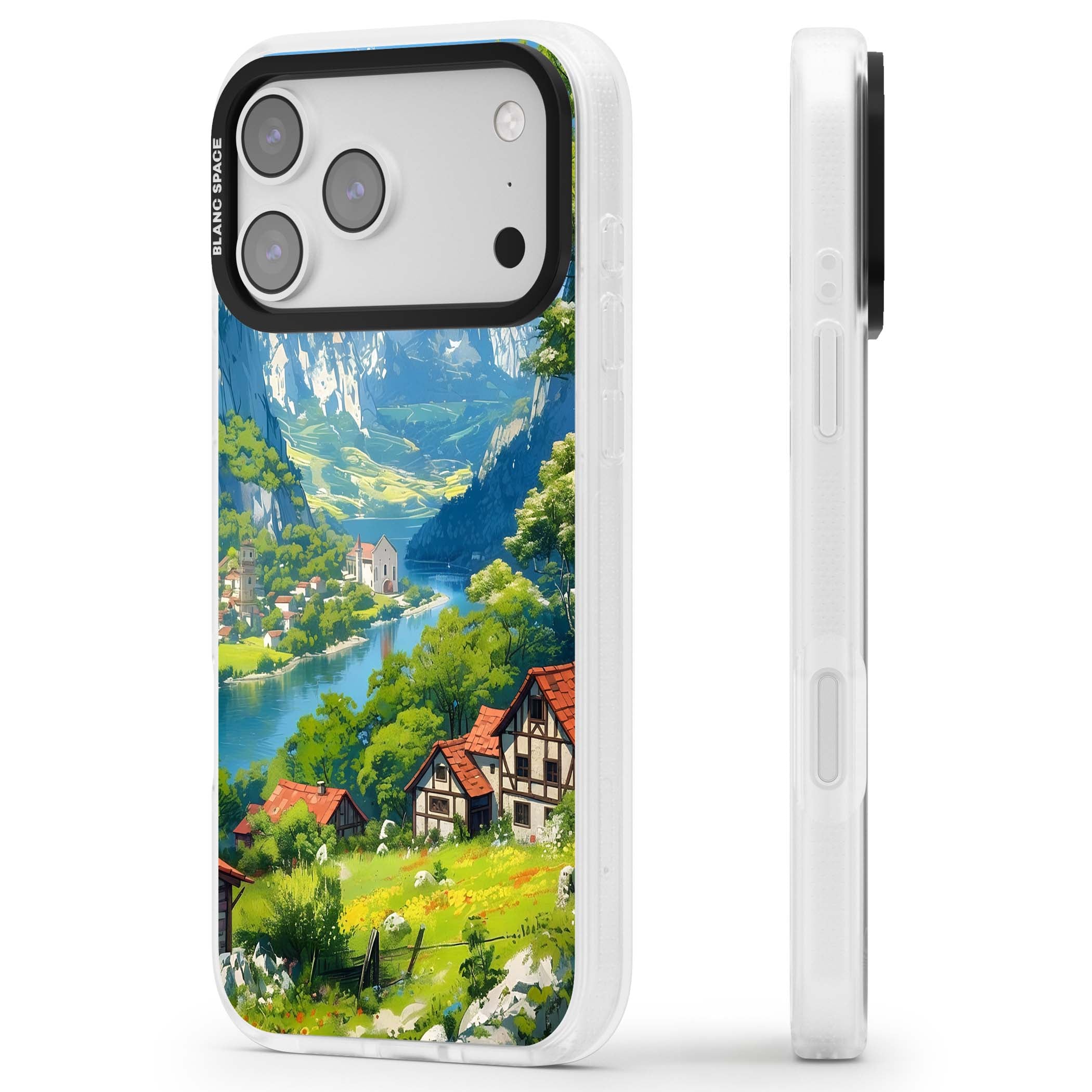 Village In The Valley anime iPhone case featuring a painted mountain village, river valley and half-timbered cottages. | Clear Case Impact Air case for iPhone 17 Pro, iPhone 17 Pro Max