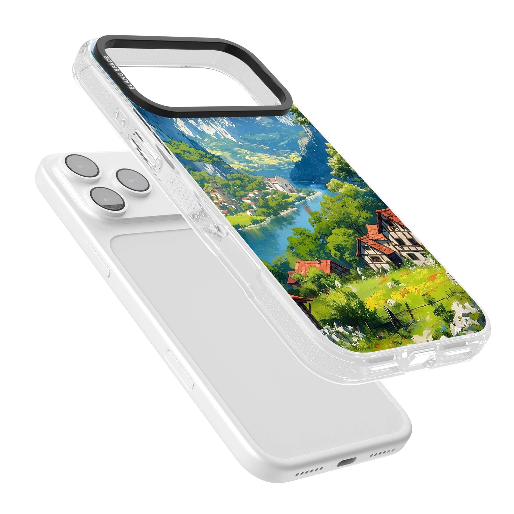 Village In The Valley anime iPhone case featuring a painted mountain village, river valley and half-timbered cottages. | Clear Case Impact Air case for iPhone 17 Pro, iPhone 17 Pro Max