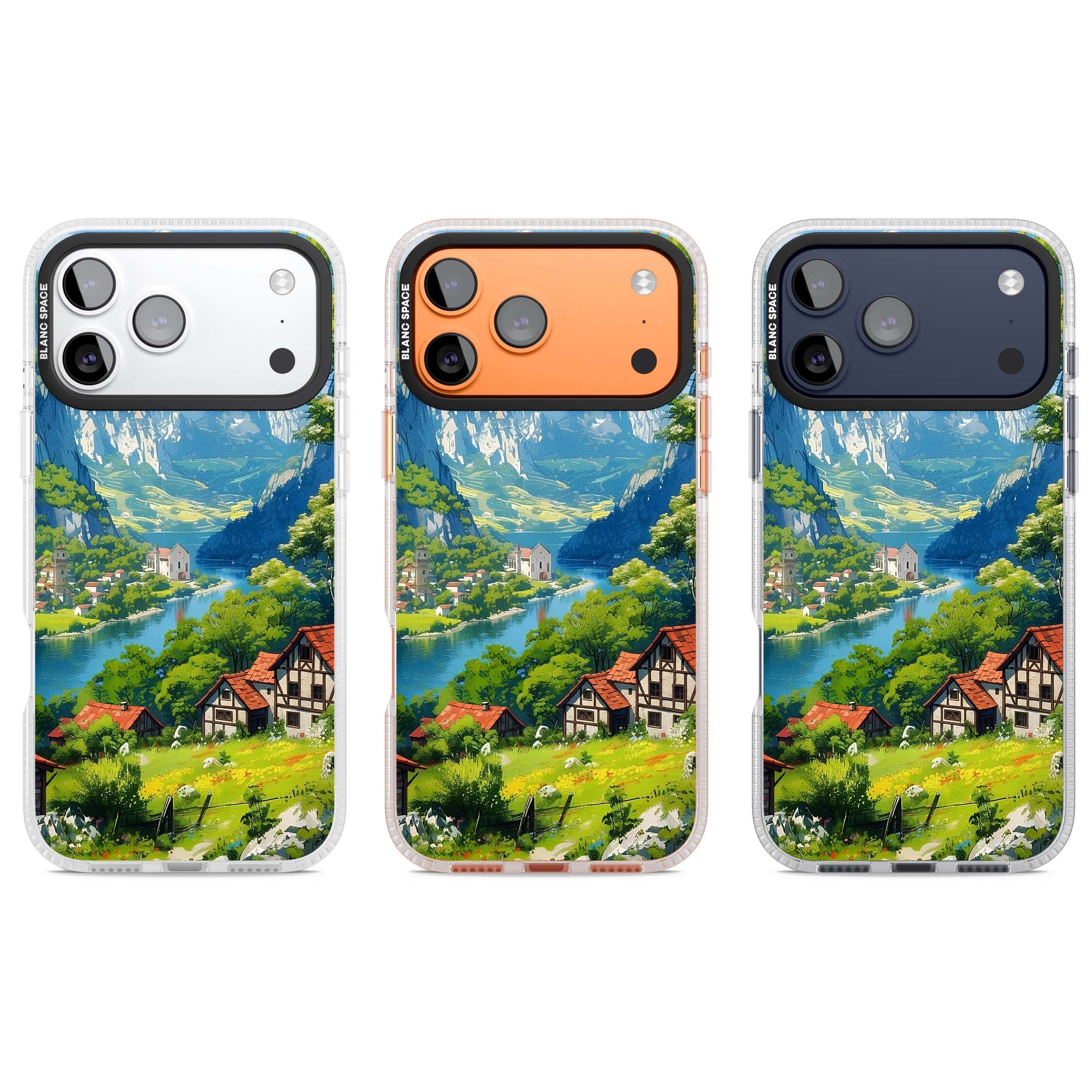 Village In The Valley anime iPhone case featuring a painted mountain village, river valley and half-timbered cottages. | Clear Case Impact Air case for iPhone 17 Pro, iPhone 17 Pro Max