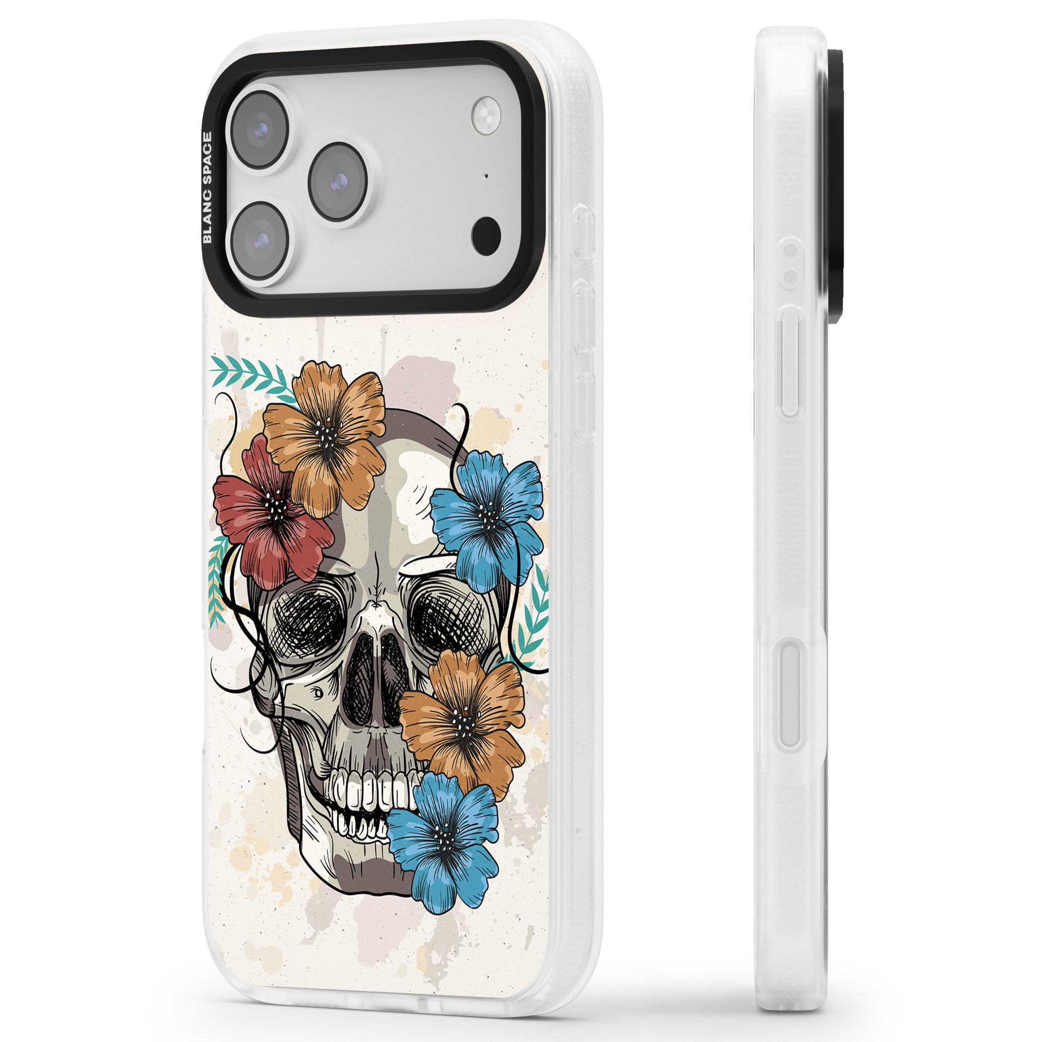 Sugar Skull Floral iPhone 17 Pro Max Impact Air Clear Phone Case Side Profile