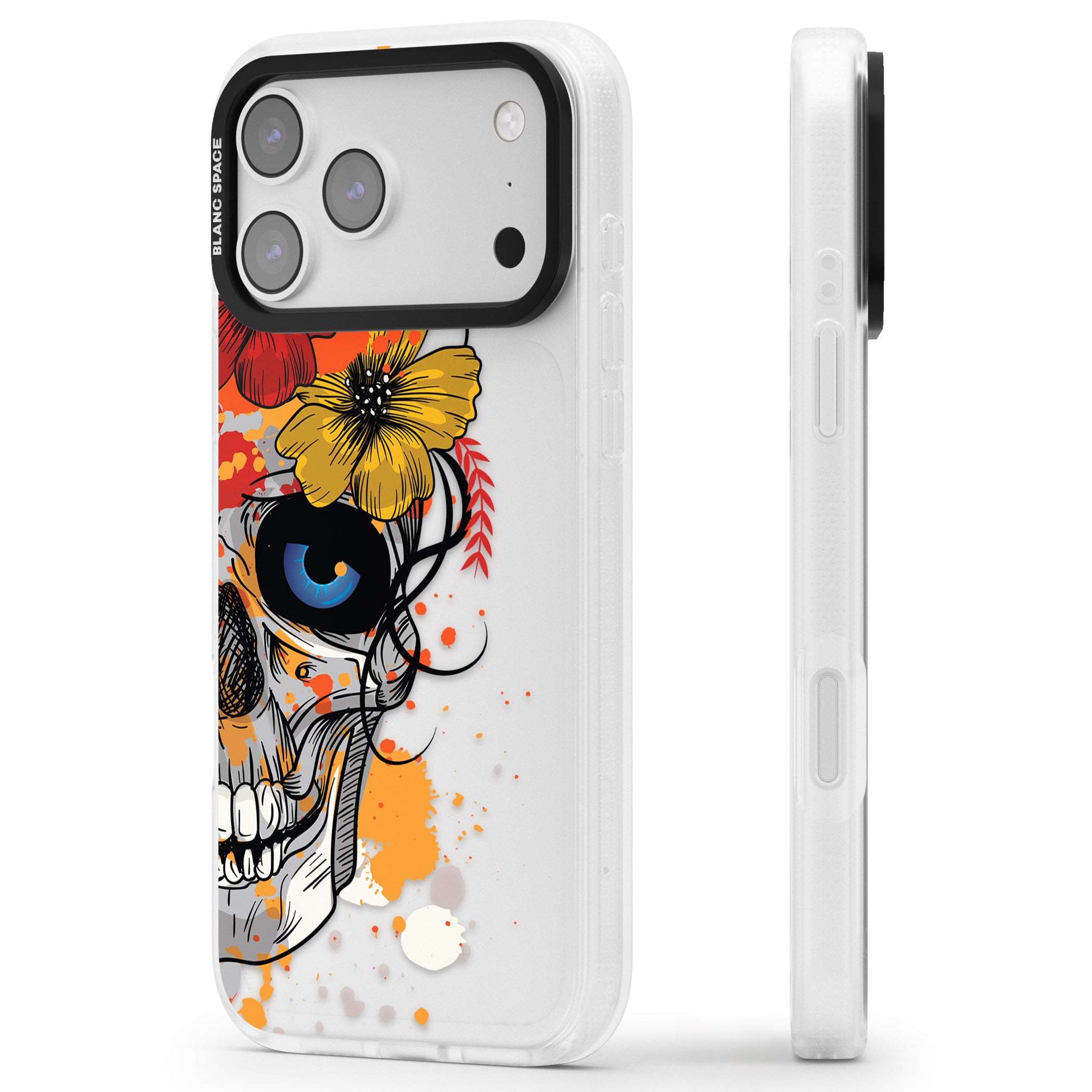 Sugar Skull Flowers iPhone 17 Pro Impact Air Clear Phone Case Side Profile
