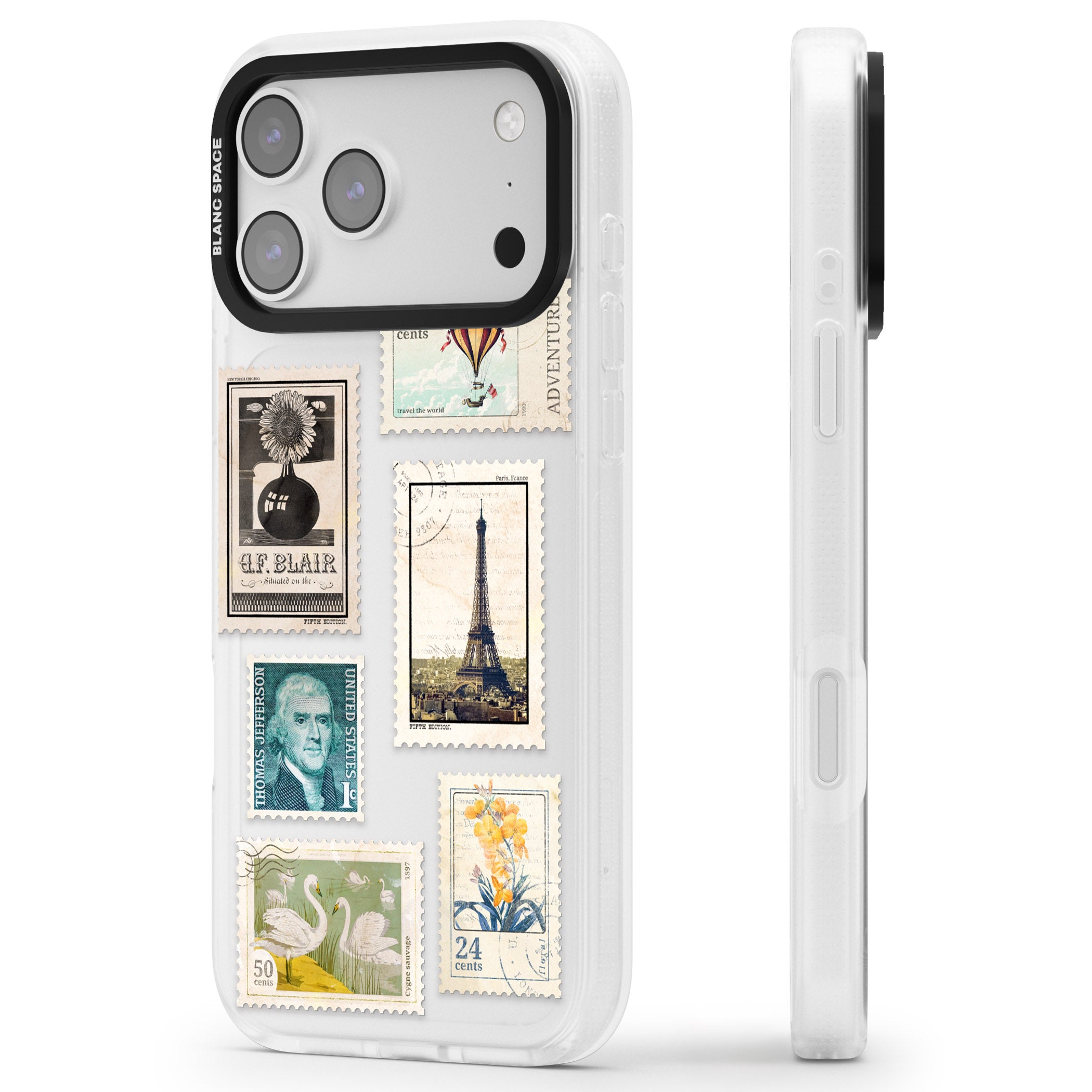 Vintage Stamps iPhone 17 Pro Impact Air Clear Phone Case Side Profile