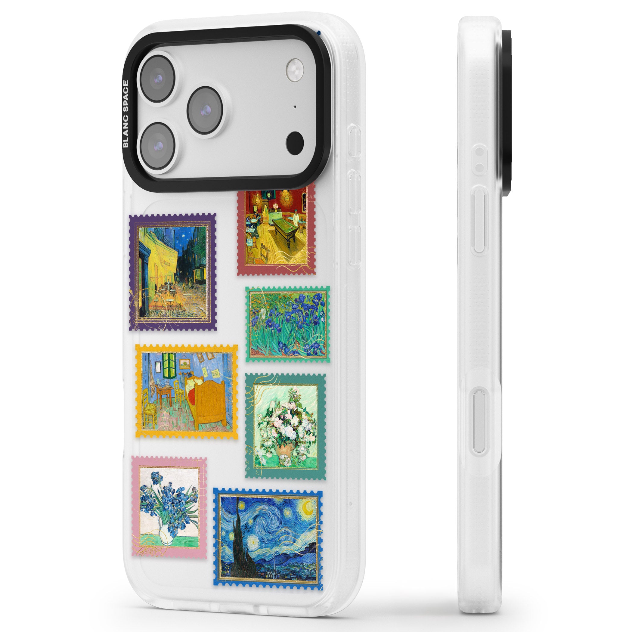 Colourful Vintage Art Stamps iPhone 17 Pro Max Impact Air Clear Phone Case Side Profile