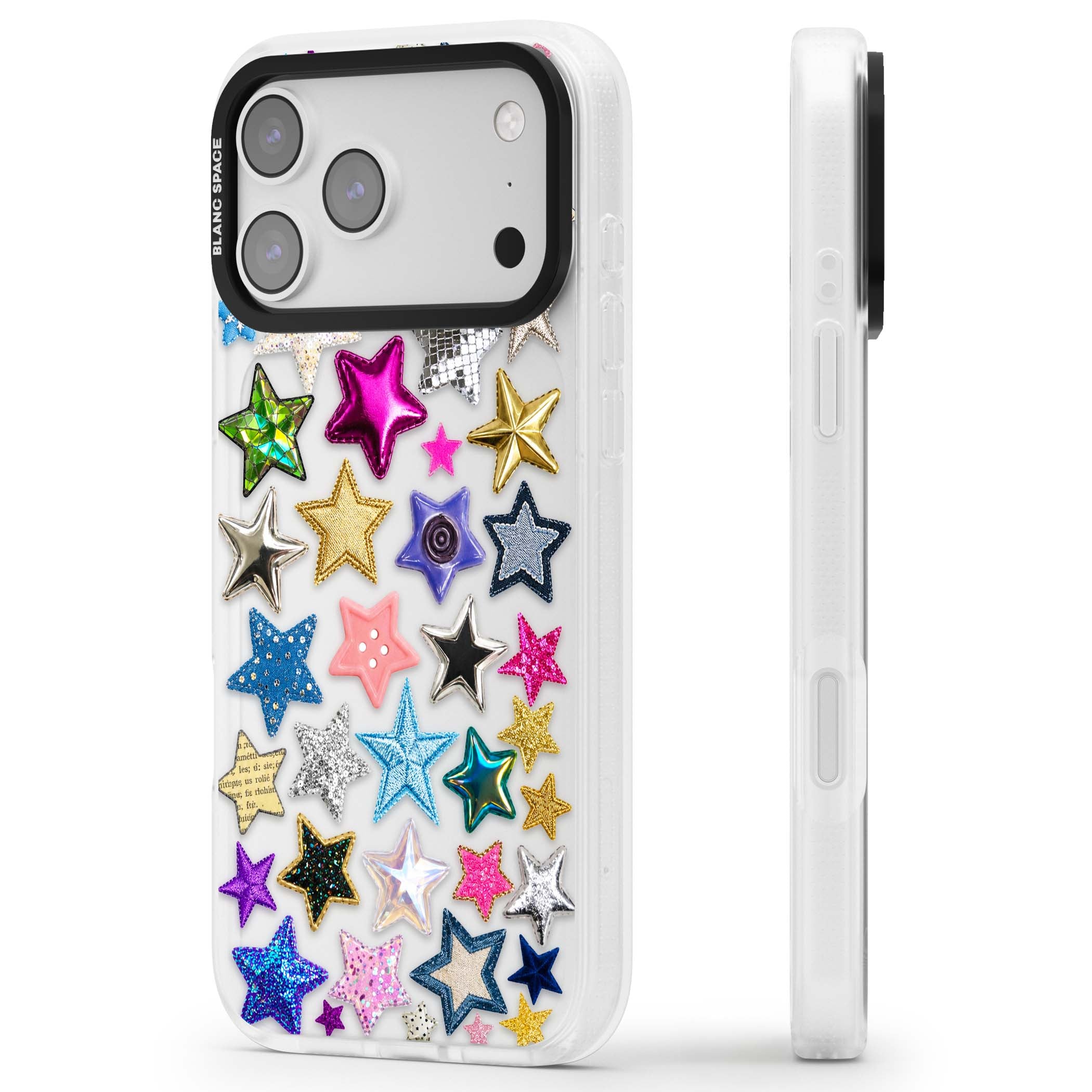 Crafty Star Mix Y2K iPhone case featuring embroidered, sequinned and glitter star patches in rainbow colours | Clear Case Impact Air case for iPhone 17 Pro, iPhone 17 Pro Max