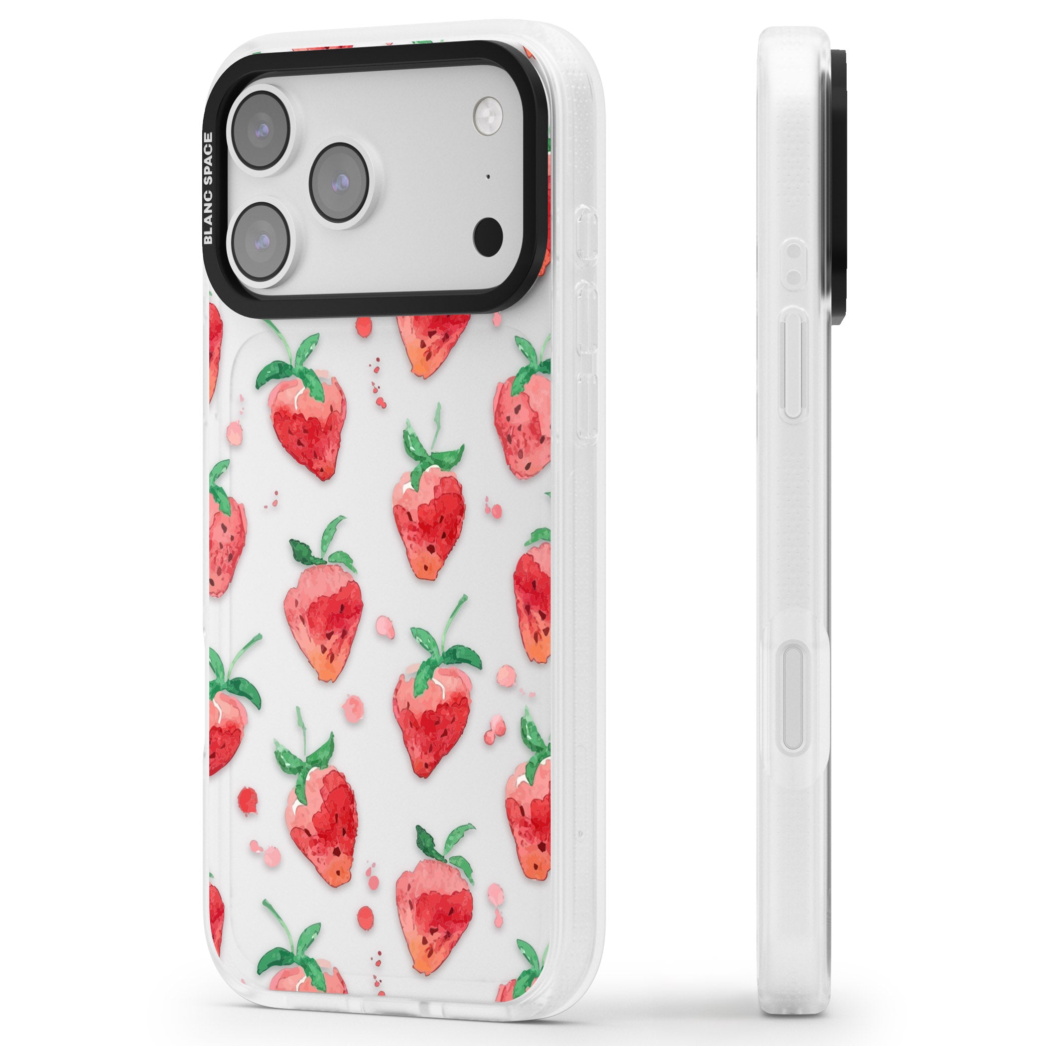 Strawberry Watercolour iPhone 17 Pro Max Impact Air Clear Phone Case Side Profile