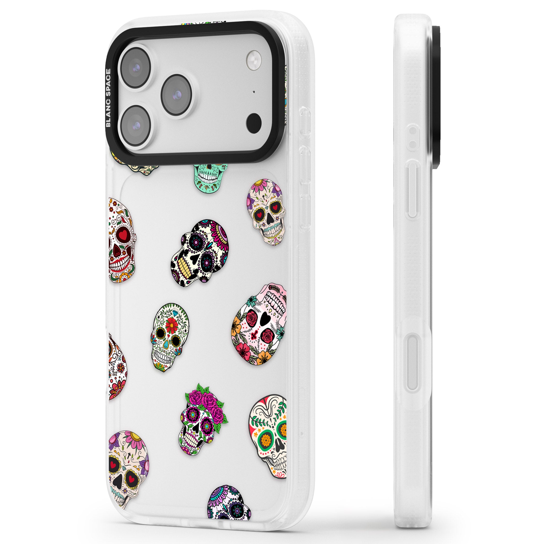Mixed Sugar Skull Pattern iPhone 17 Pro Max Impact Air Clear Phone Case Side Profile