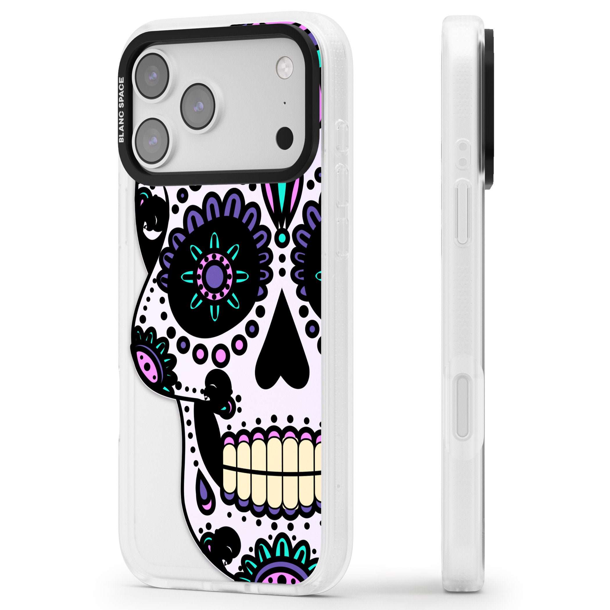 Violet Sugar Skull iPhone 17 Pro Impact Air Clear Phone Case Side Profile