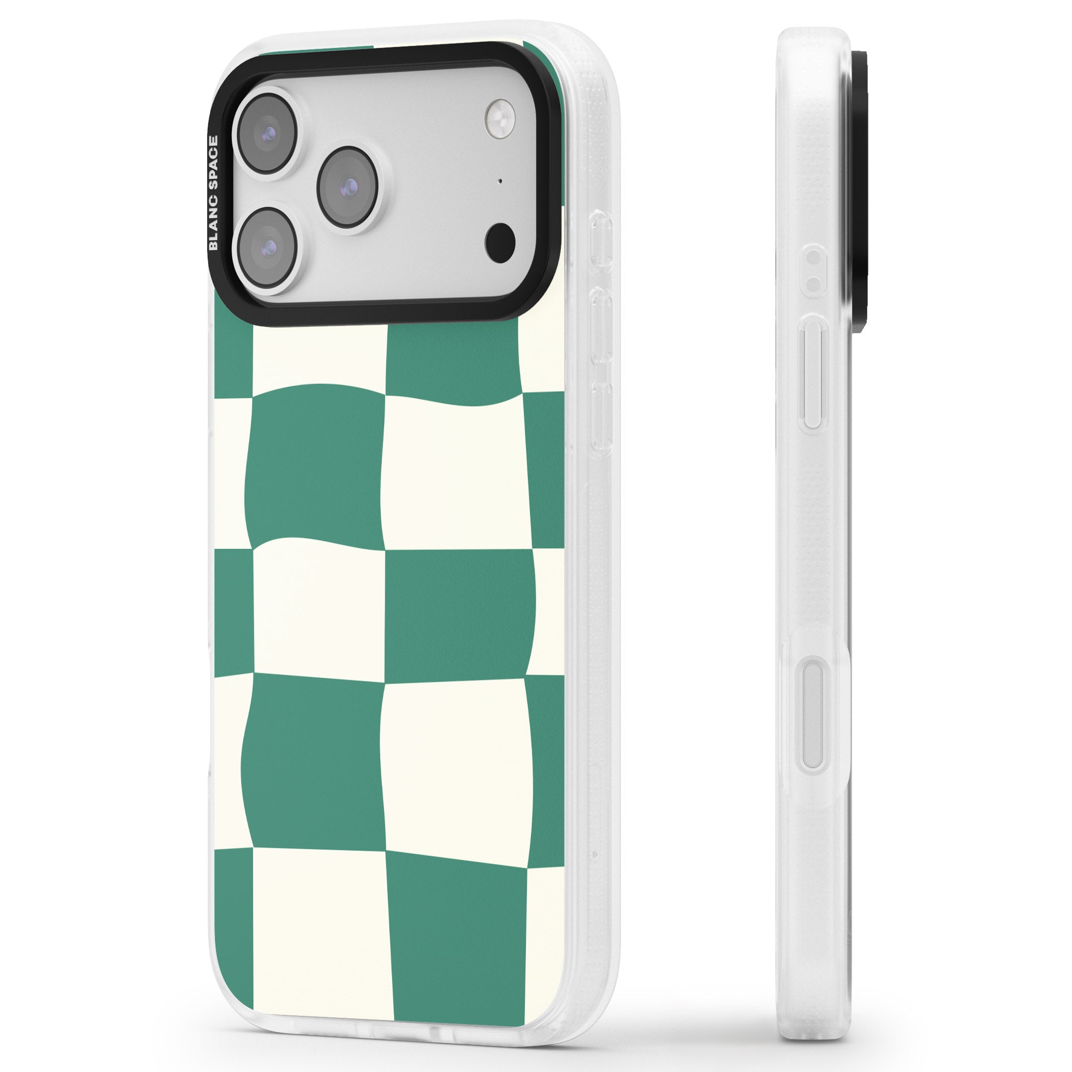 Green & Cream Wavy Check iPhone 17 Pro Max Impact Air Clear Phone Case Side Profile