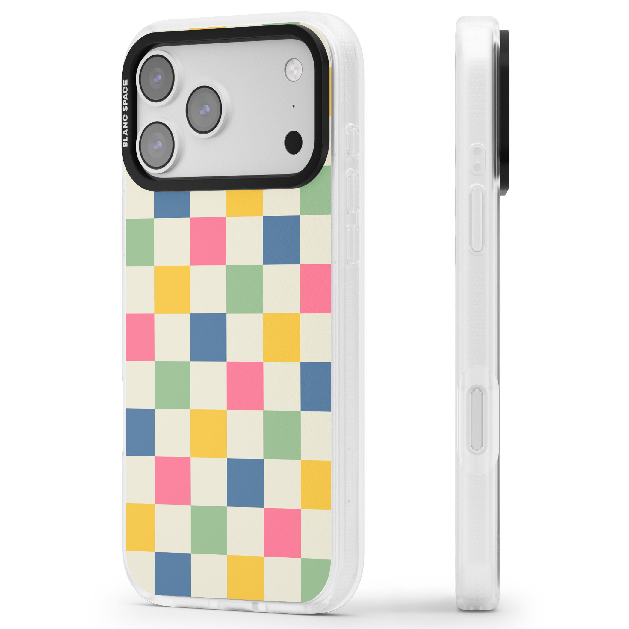 Pastel Multicolor Checkered iPhone 17 Pro Impact Air Clear Phone Case Side Profile