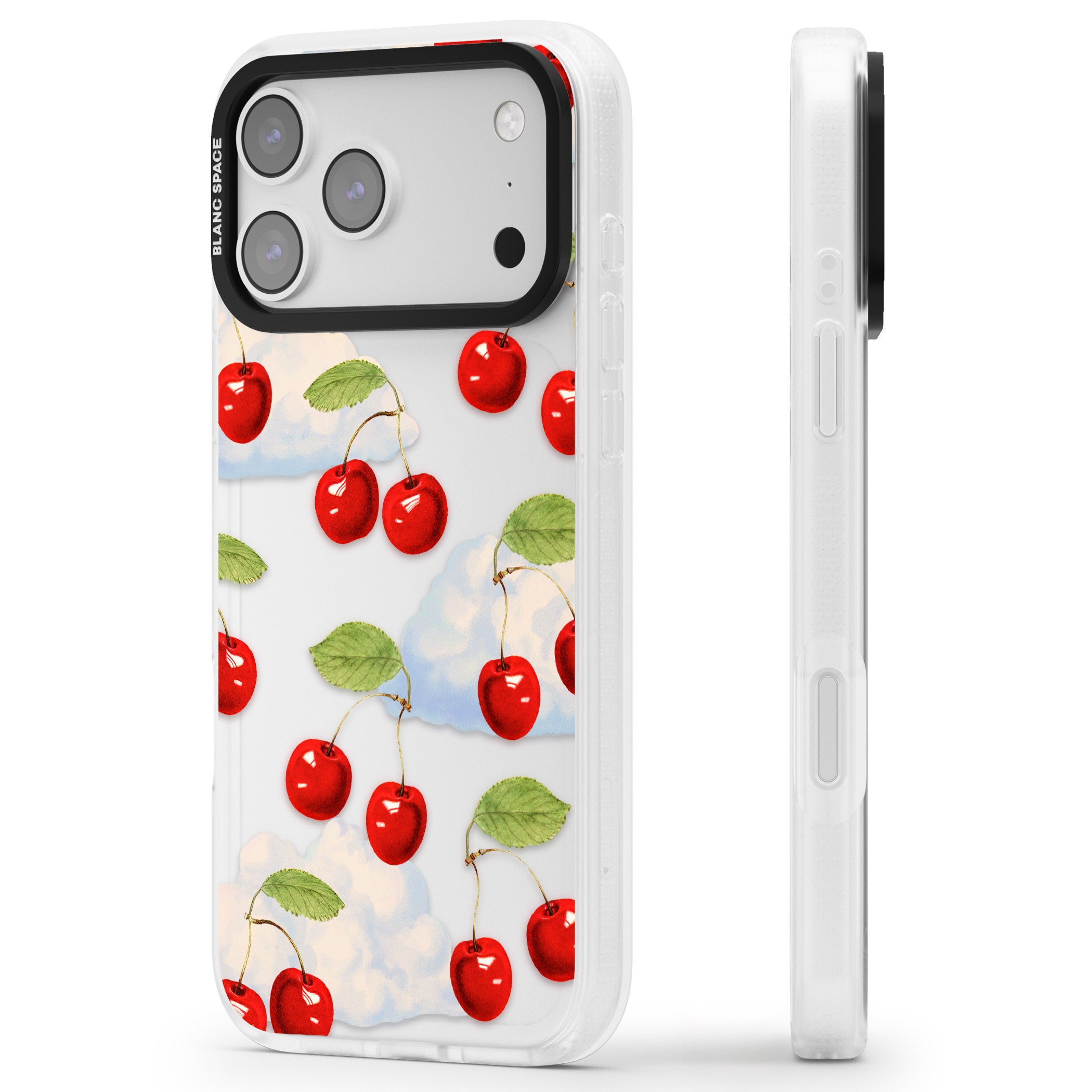 Vintage Cherries & Clouds iPhone 17 Pro Impact Air Clear Phone Case Side Profile