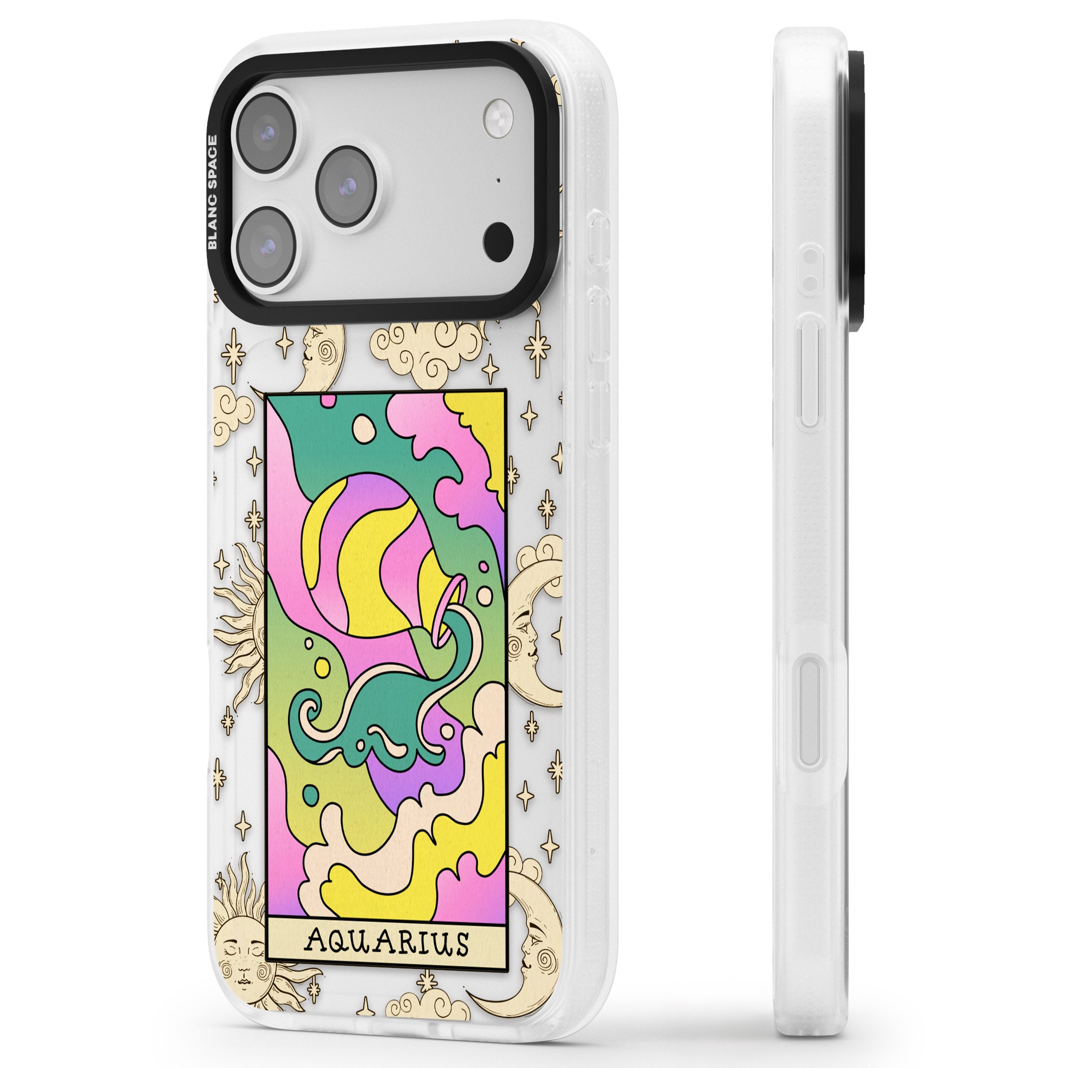 Celestial Zodiac Aquarius iPhone 17 Pro Impact Air Clear Phone Case Side Profile