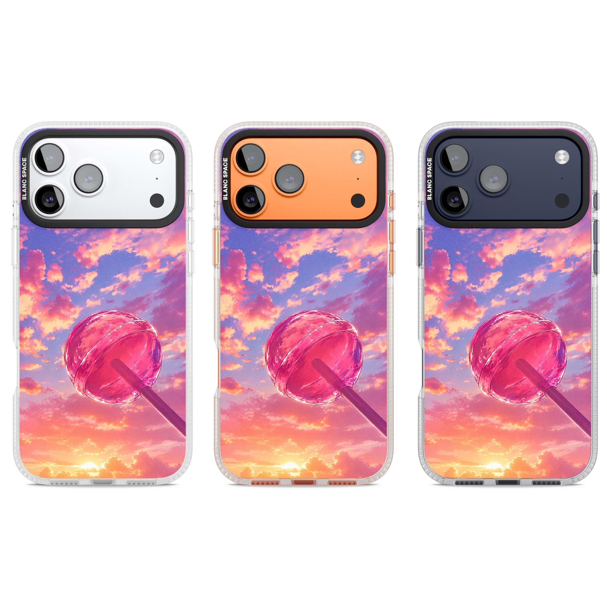 Sugar Sunset candy aesthetic iPhone case featuring a pink lollipop, pastel sunset sky and dreamy clouds | Clear Case Impact Air case for iPhone 17 Pro, iPhone 17 Pro Max