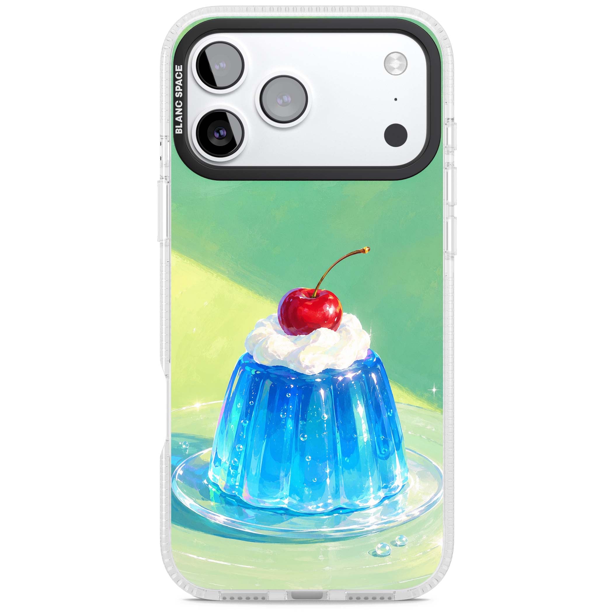 Cherry Jelly kawaii dessert iPhone case featuring blue jelly pudding, whipped cream and a red cherry | Clear Case Impact Air case for iPhone 17 Pro, iPhone 17 Pro Max