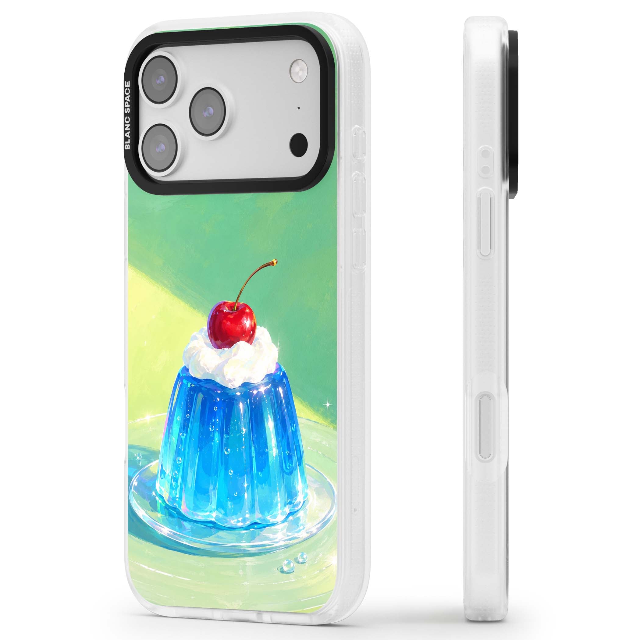 Cherry Jelly kawaii dessert iPhone case featuring blue jelly pudding, whipped cream and a red cherry | Clear Case Impact Air case for iPhone 17 Pro, iPhone 17 Pro Max
