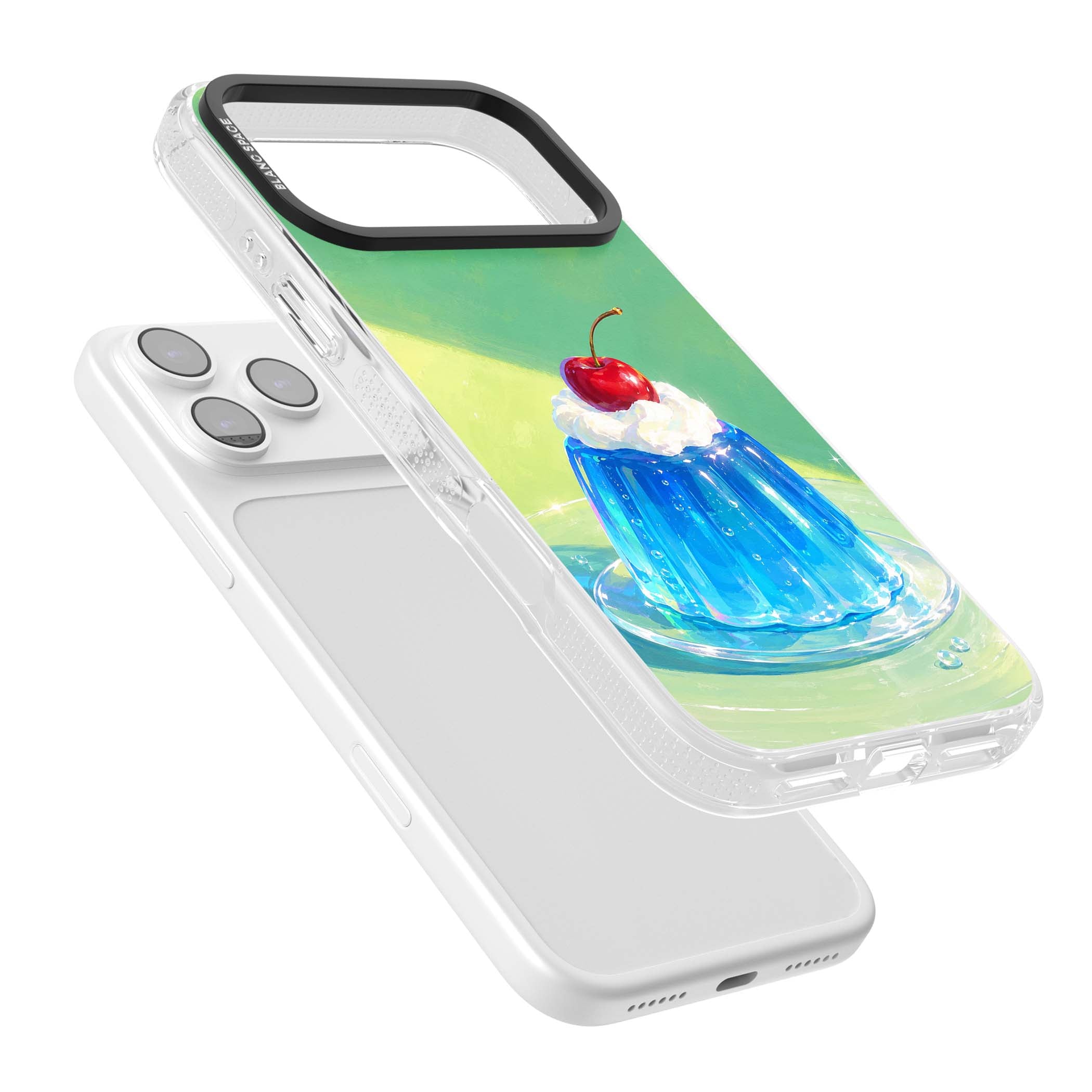 Cherry Jelly kawaii dessert iPhone case featuring blue jelly pudding, whipped cream and a red cherry | Clear Case Impact Air case for iPhone 17 Pro, iPhone 17 Pro Max