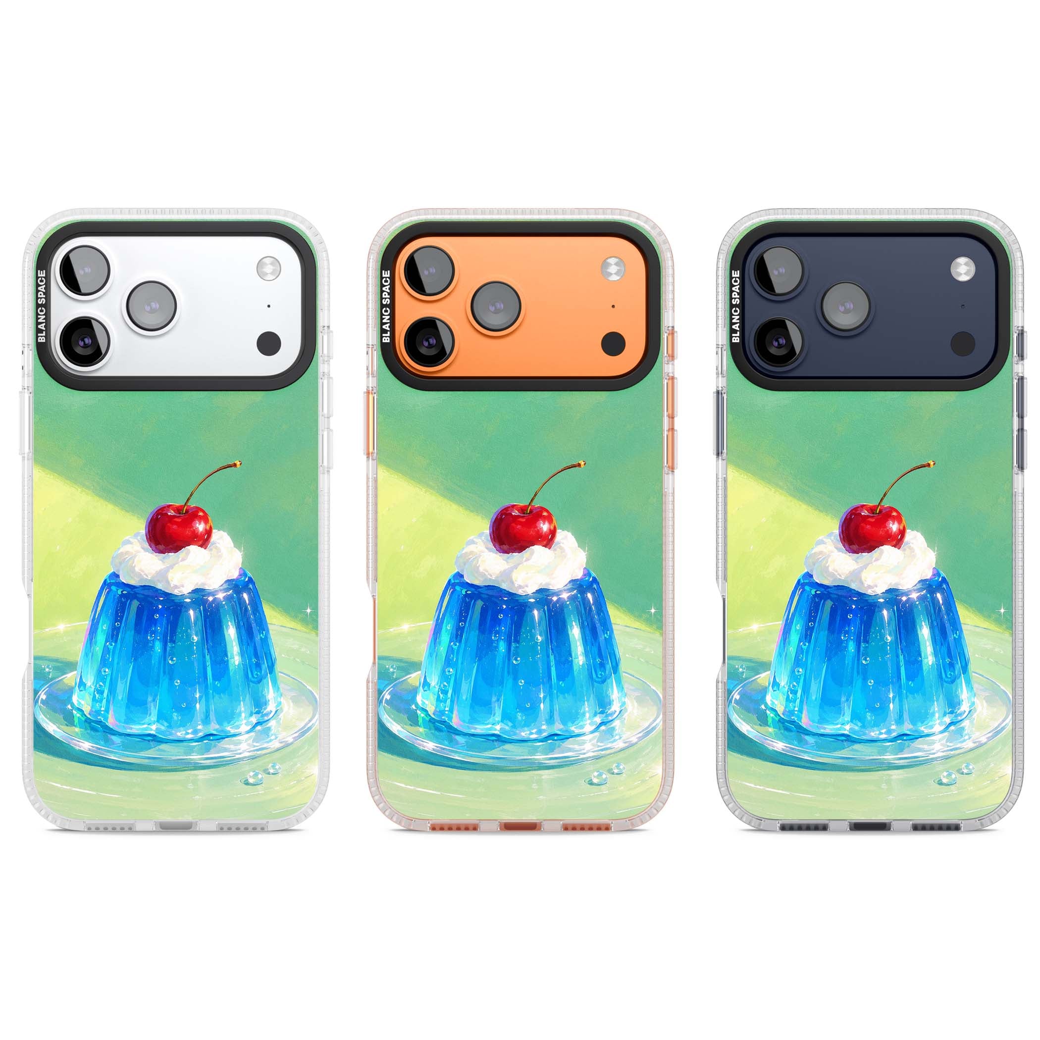 Cherry Jelly kawaii dessert iPhone case featuring blue jelly pudding, whipped cream and a red cherry | Clear Case Impact Air case for iPhone 17 Pro, iPhone 17 Pro Max