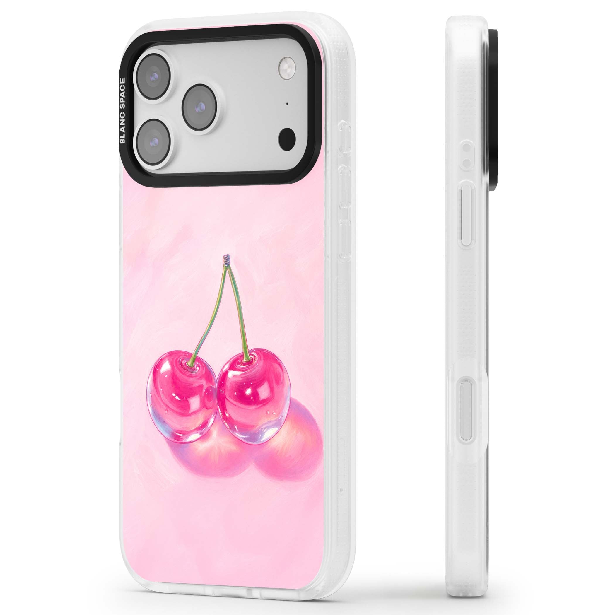 Pink Glass Cherry coquette iPhone case featuring two glossy painted cherries on a soft pink background | Clear Case Impact Air case for iPhone 17 Pro, iPhone 17 Pro Max