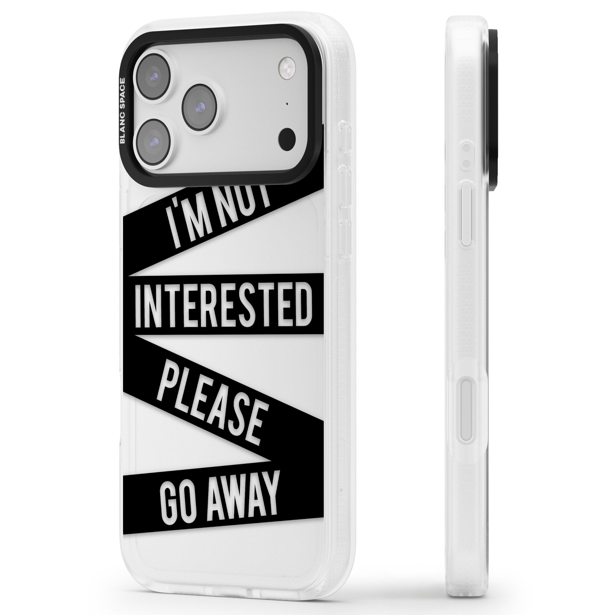 Not Interested Warning iPhone 17 Pro Max Impact Air Clear Phone Case Side Profile