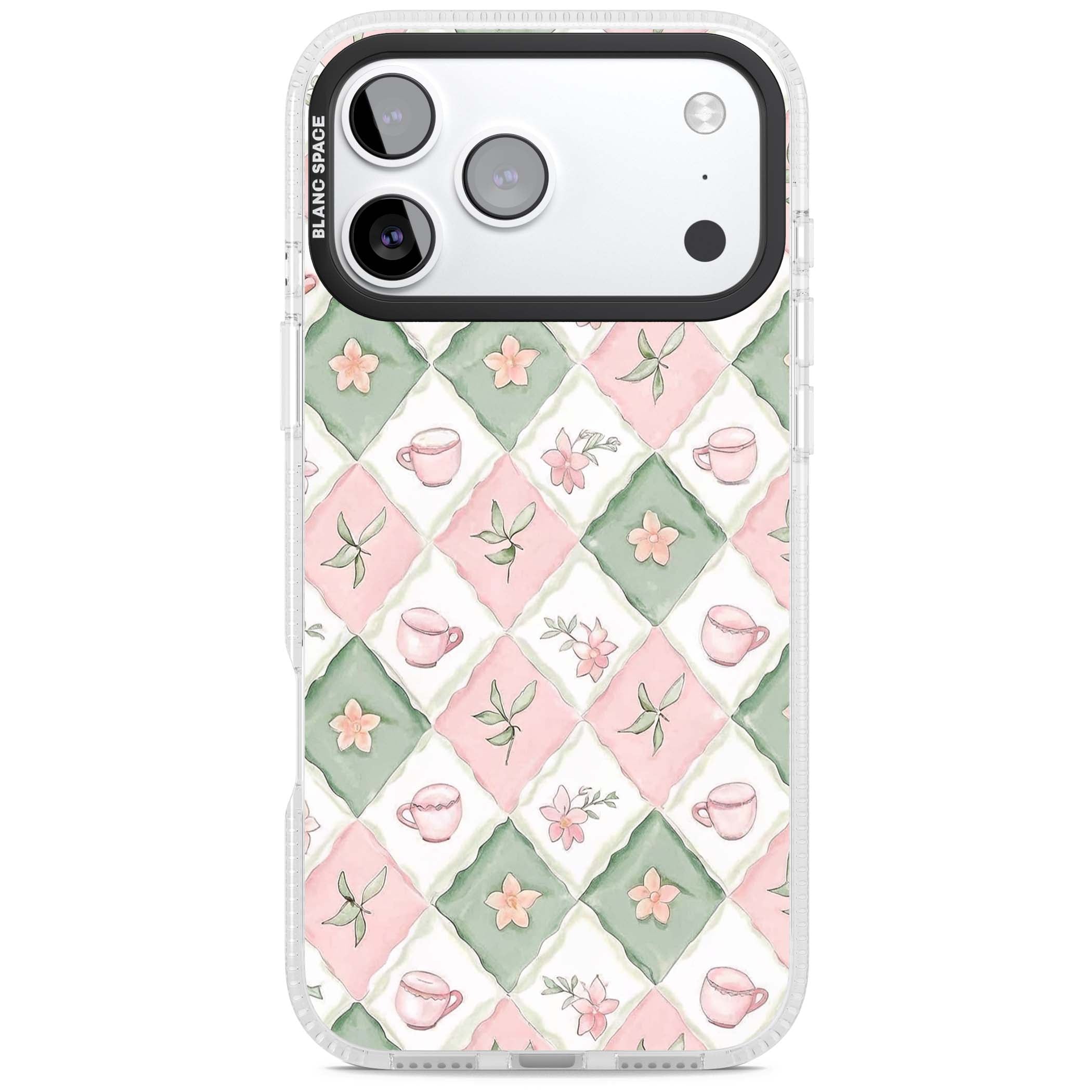 Garden Tea Party coquette iPhone case with pink and green checkered pattern, watercolour teacups and wildflowers | Clear Case Impact Air case for iPhone 17 Pro, iPhone 17 Pro Max