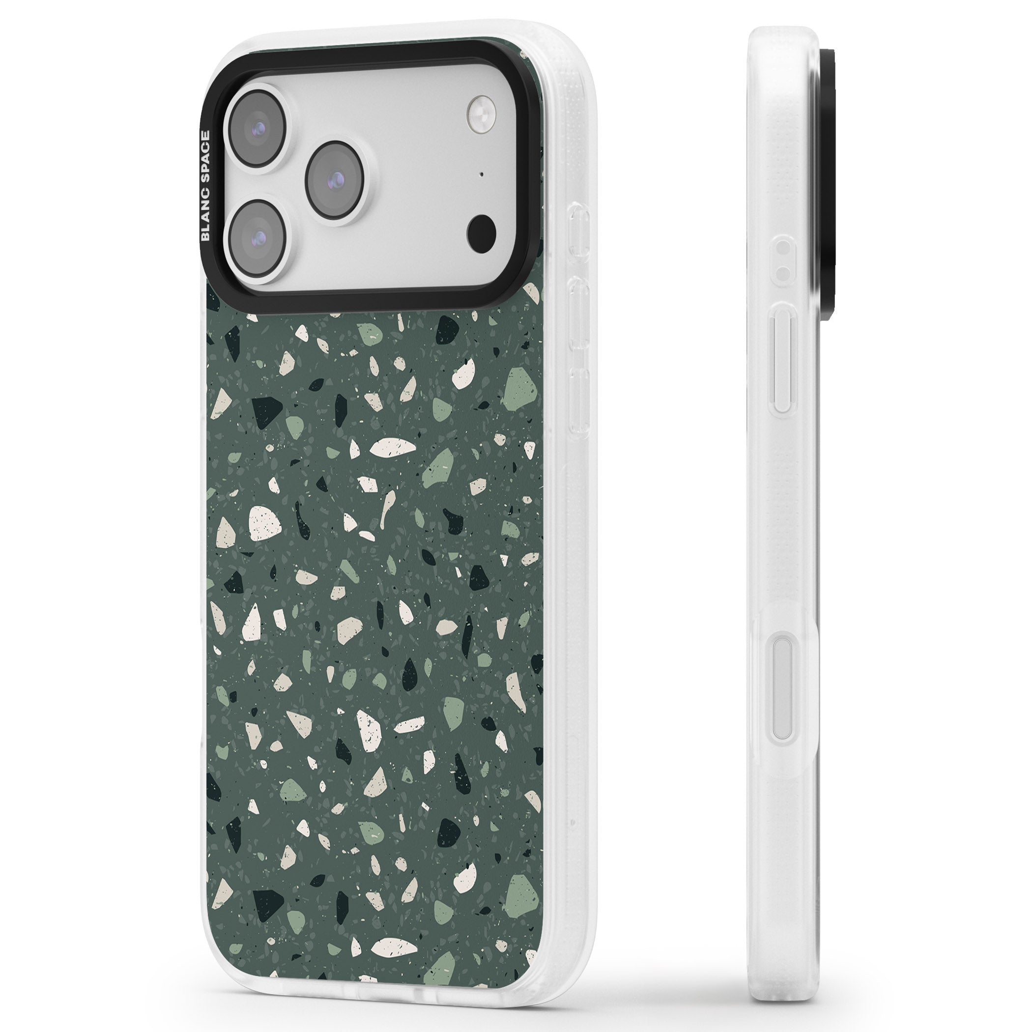 Green & Cream Terrazzo Pattern iPhone 17 Pro Max Impact Air Clear Phone Case Side Profile