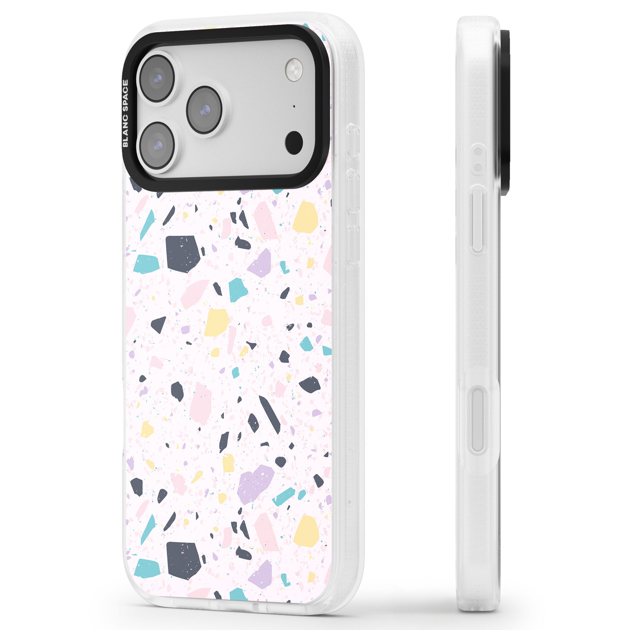 Pink, Purple & Turquoise Terrazzo Pattern iPhone 17 Pro Max Impact Air Clear Phone Case Side Profile