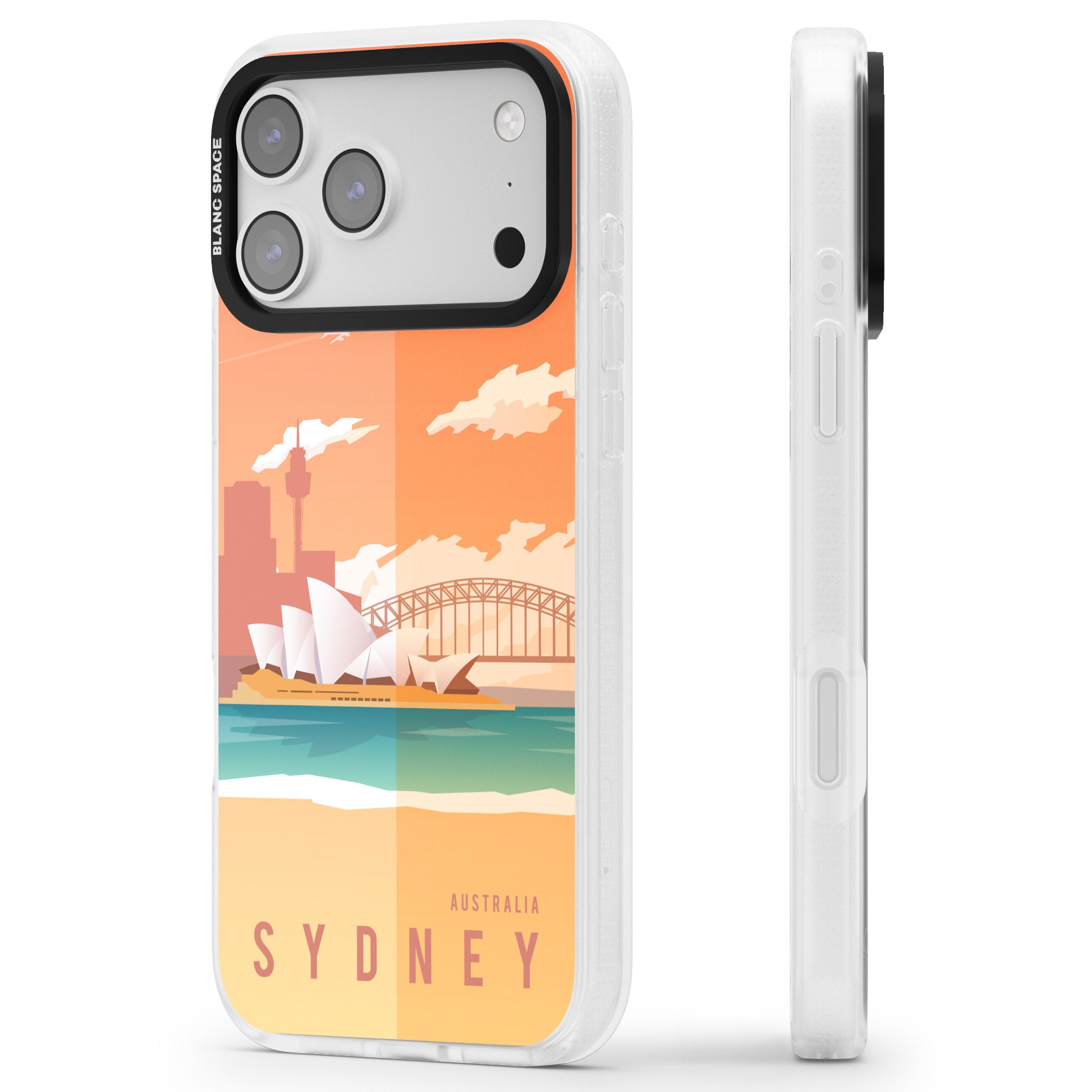 Vintage Travel Poster Sydney iPhone 17 Pro Max Impact Air Clear Phone Case Side Profile