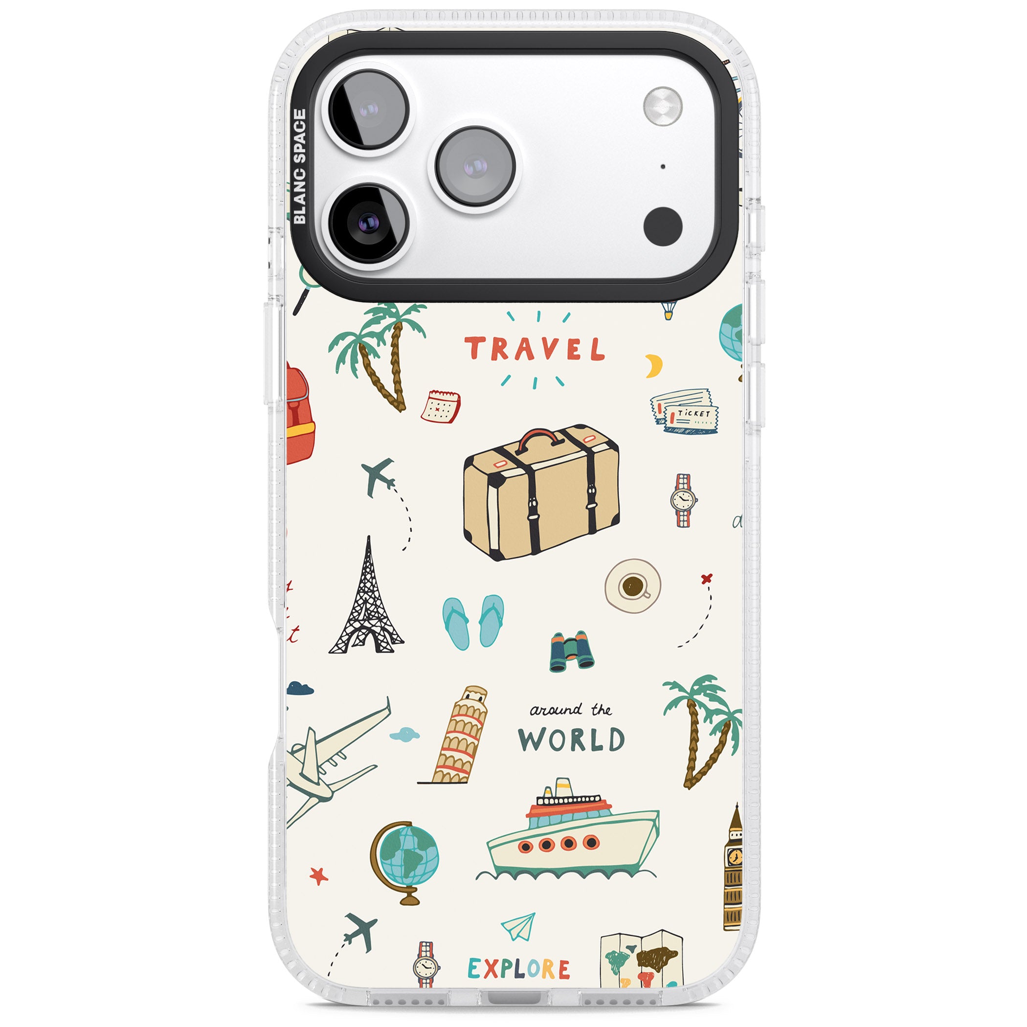 Cute Travel Pattern Cream iPhone 17 Pro Impact Air Clear Phone Case