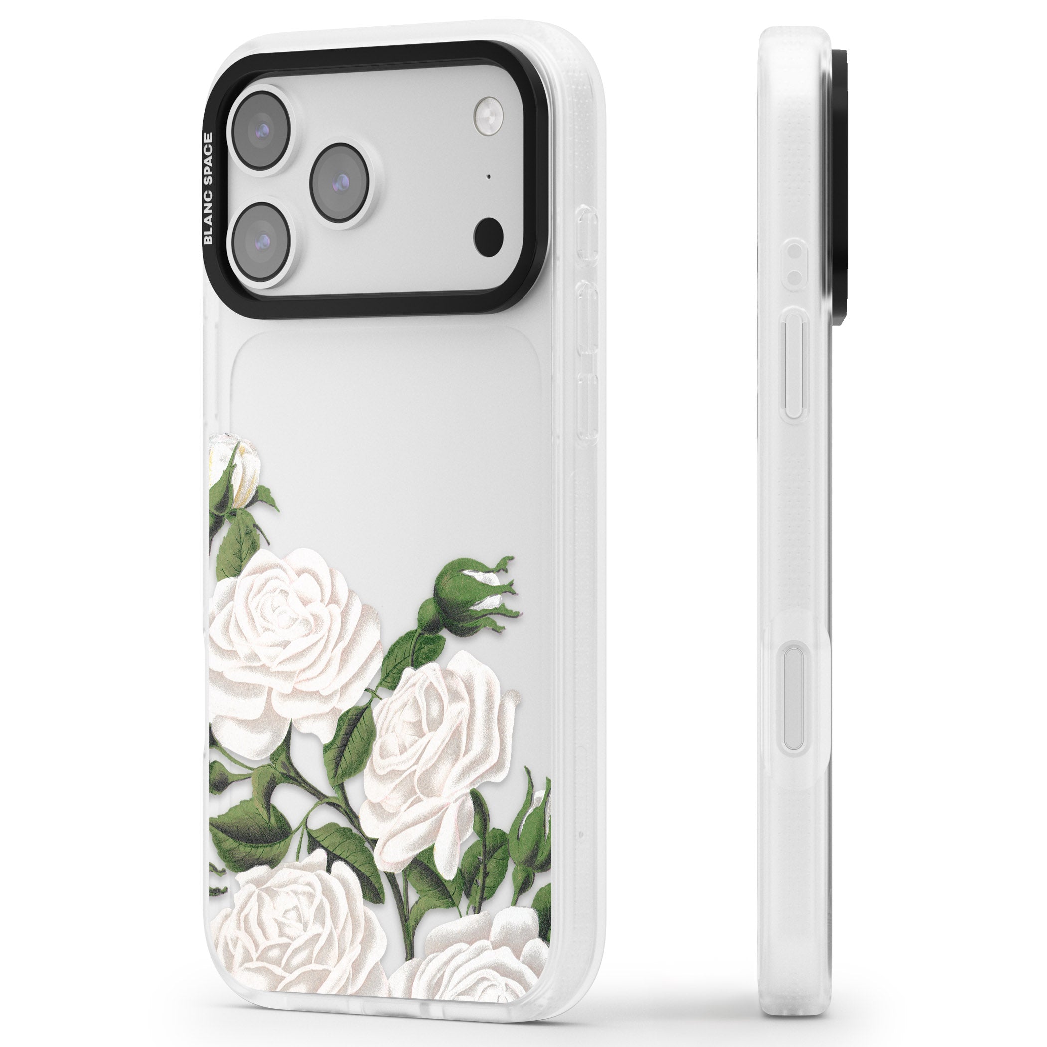 White Vintage Painted Flowers iPhone 17 Pro Max Impact Air Clear Phone Case Side Profile